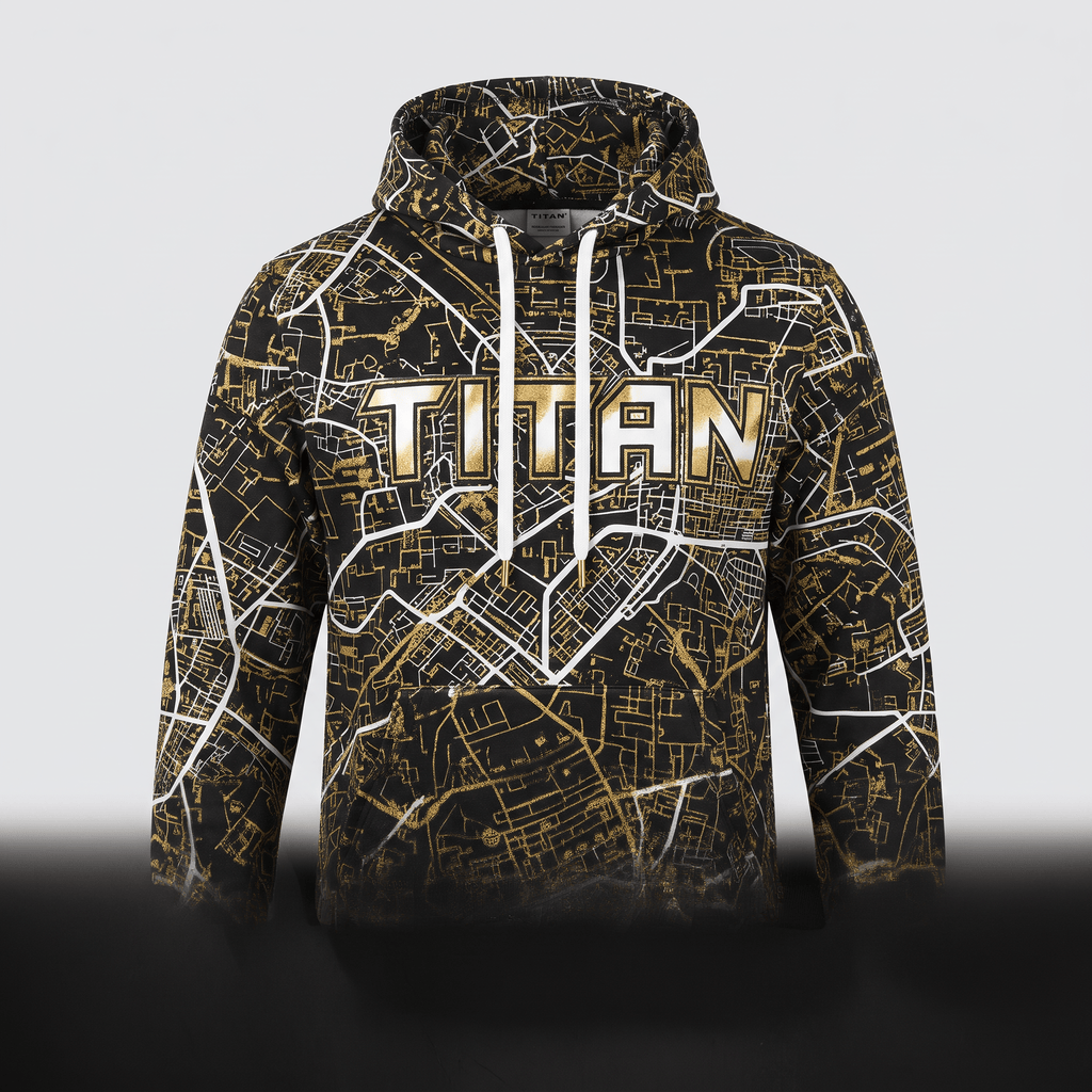 Black hoodie with white and gold street map graphic print and the word Titan in the center.