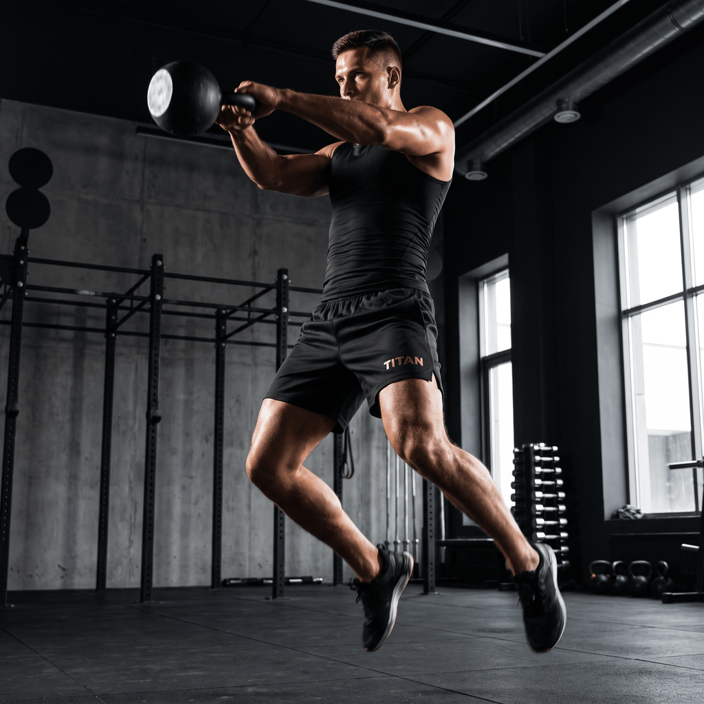 Male athlete performing a kettlebell swing wearing black TITAN Crown Edition athletic shorts