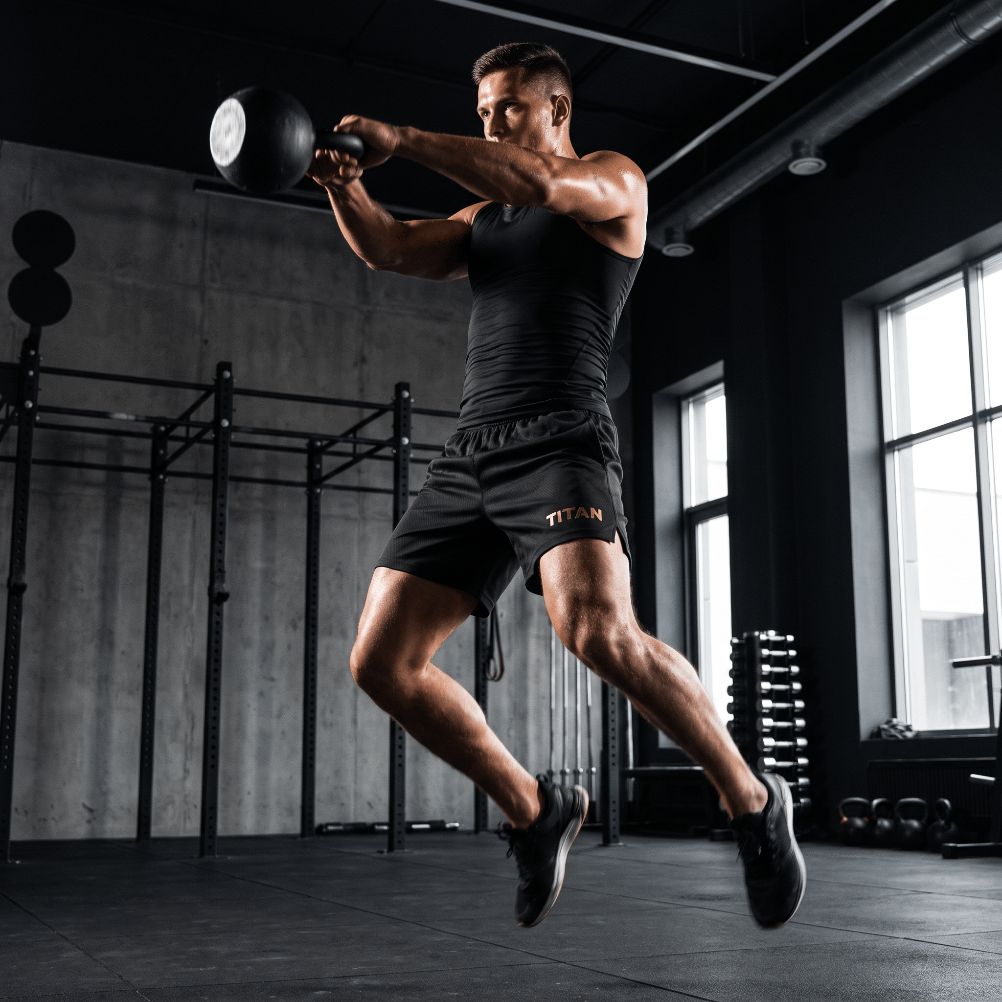 Male athlete performing a kettlebell swing wearing black TITAN Crown Edition athletic shorts