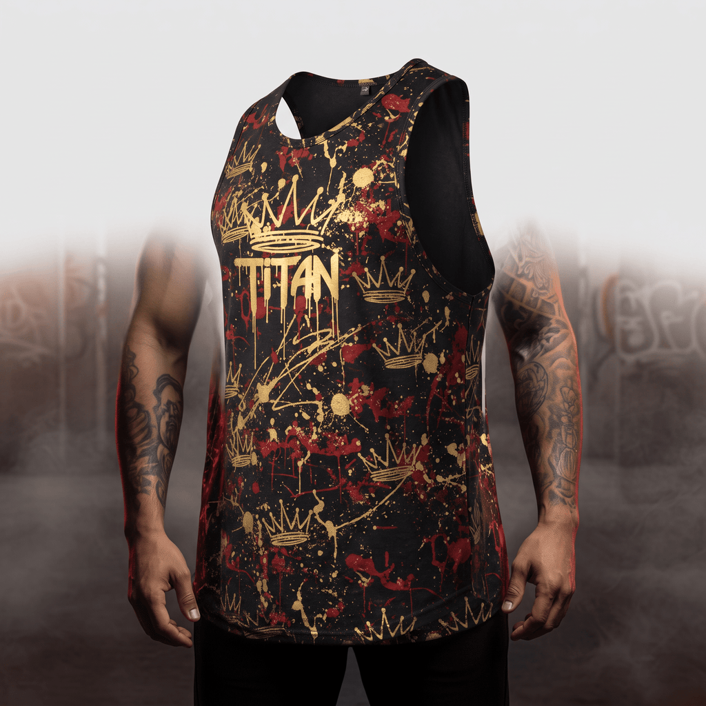 Black tank top with gold crowns and red paint splatter, featuring the word TITAN on the front.
