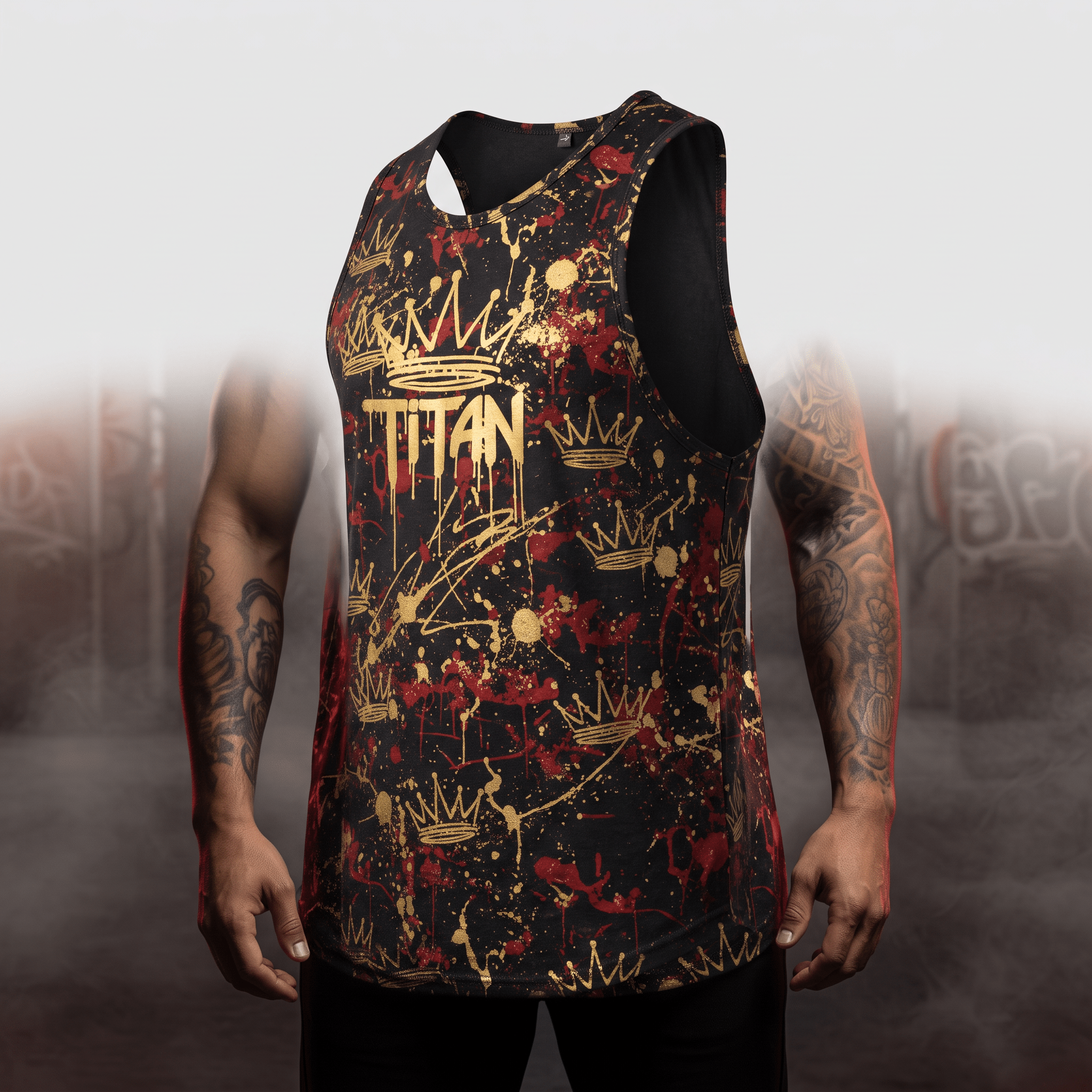 Black tank top with gold crowns and red paint splatter, featuring the word TITAN on the front.