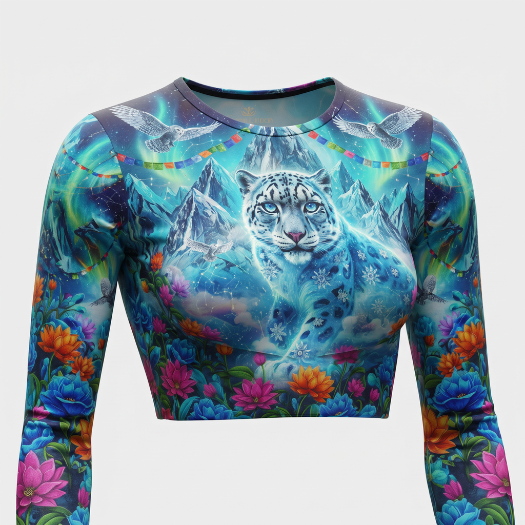 Blue long sleeve crop top featuring a snow leopard, snowy mountains, and colorful floral print.
