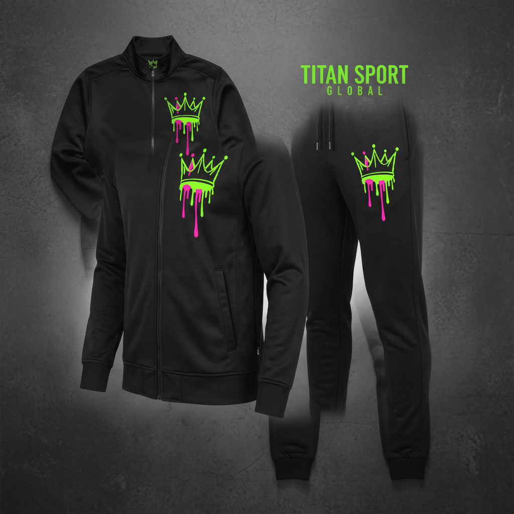 Black track suit with neon green and pink dripping crown graphics on jacket and joggers.