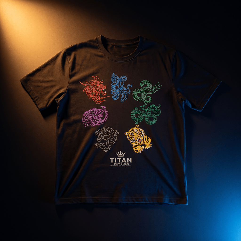 Black t-shirt featuring colorful, circular animal graphic prints and "TITAN SPORT GLOBAL" logo branding.