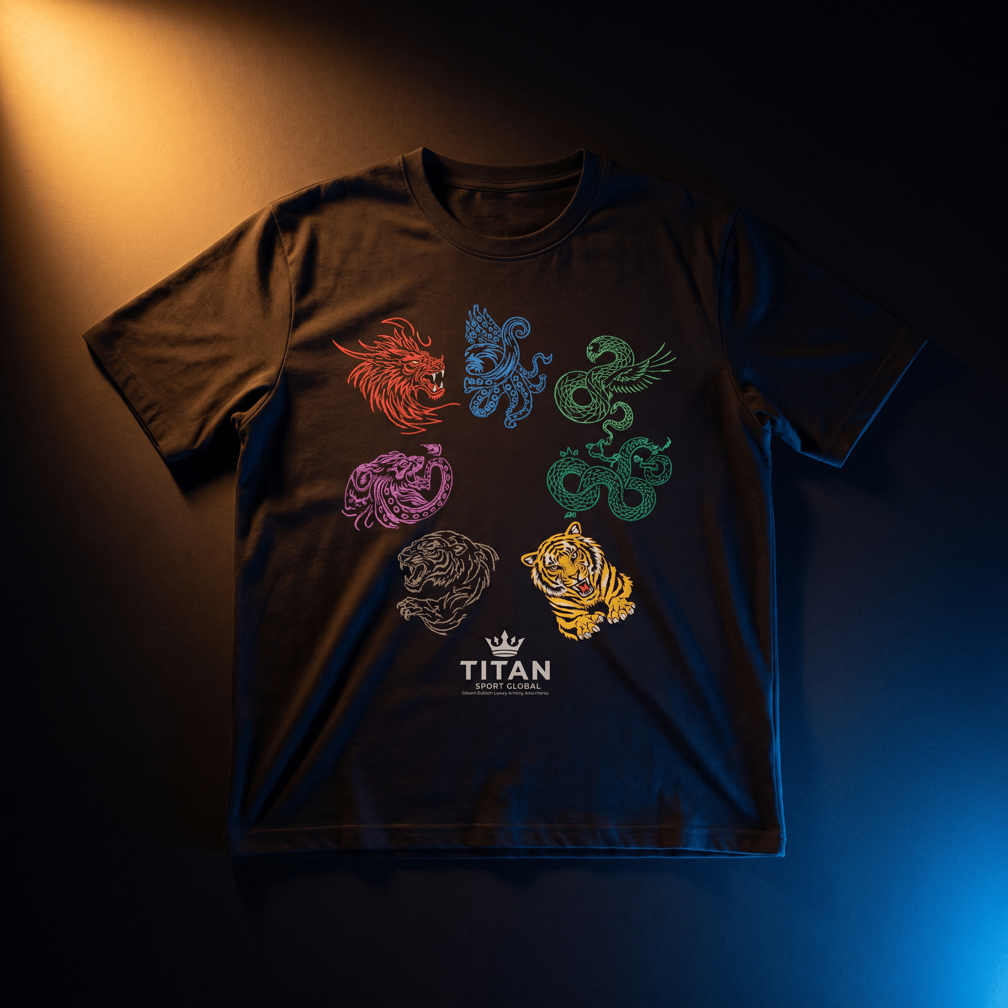 Black t-shirt featuring colorful, circular animal graphic prints and "TITAN SPORT GLOBAL" logo branding.