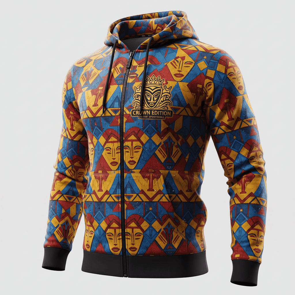 Blue, red, and yellow zip-up hoodie featuring an all-over geometric African mask print and Crown Edition chest logo.