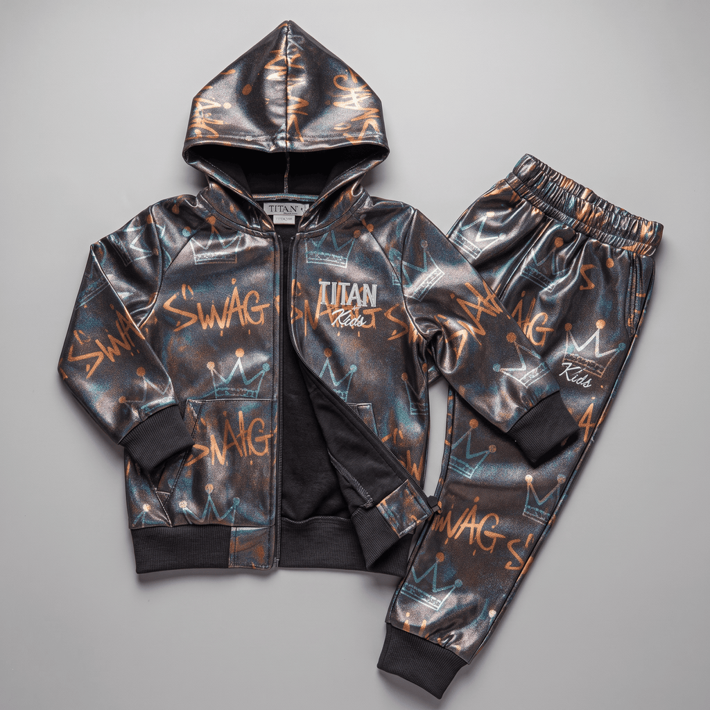 Kids metallic graffiti print zip-up hoodie and joggers set in black and copper.
