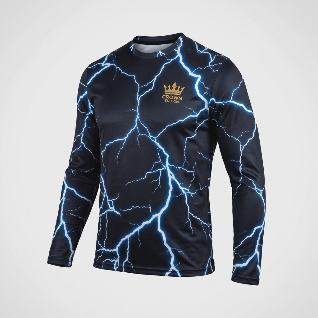 Black long-sleeve athletic shirt featuring a blue lightning bolt pattern and a gold Crown Edition logo.