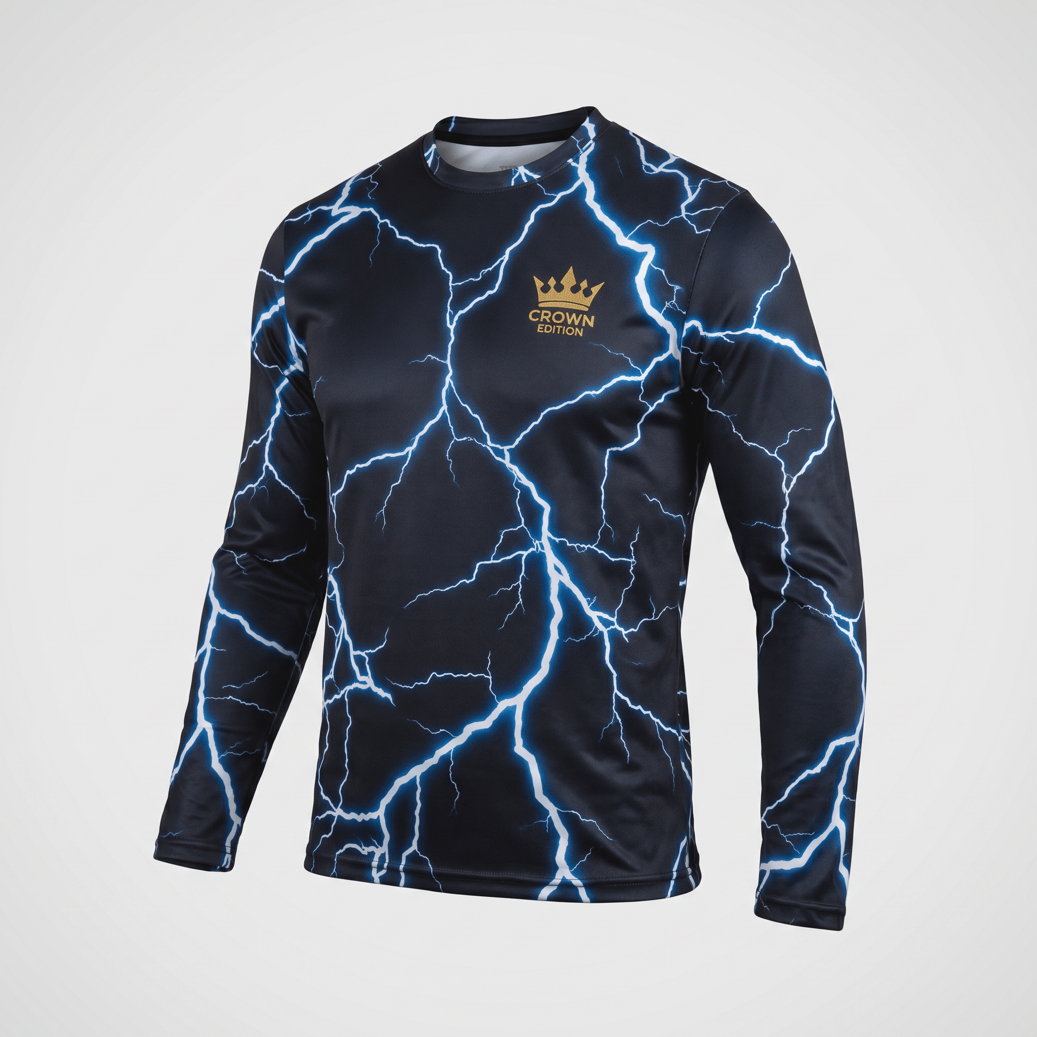 Black long-sleeve athletic shirt featuring a blue lightning bolt pattern and a gold Crown Edition logo.