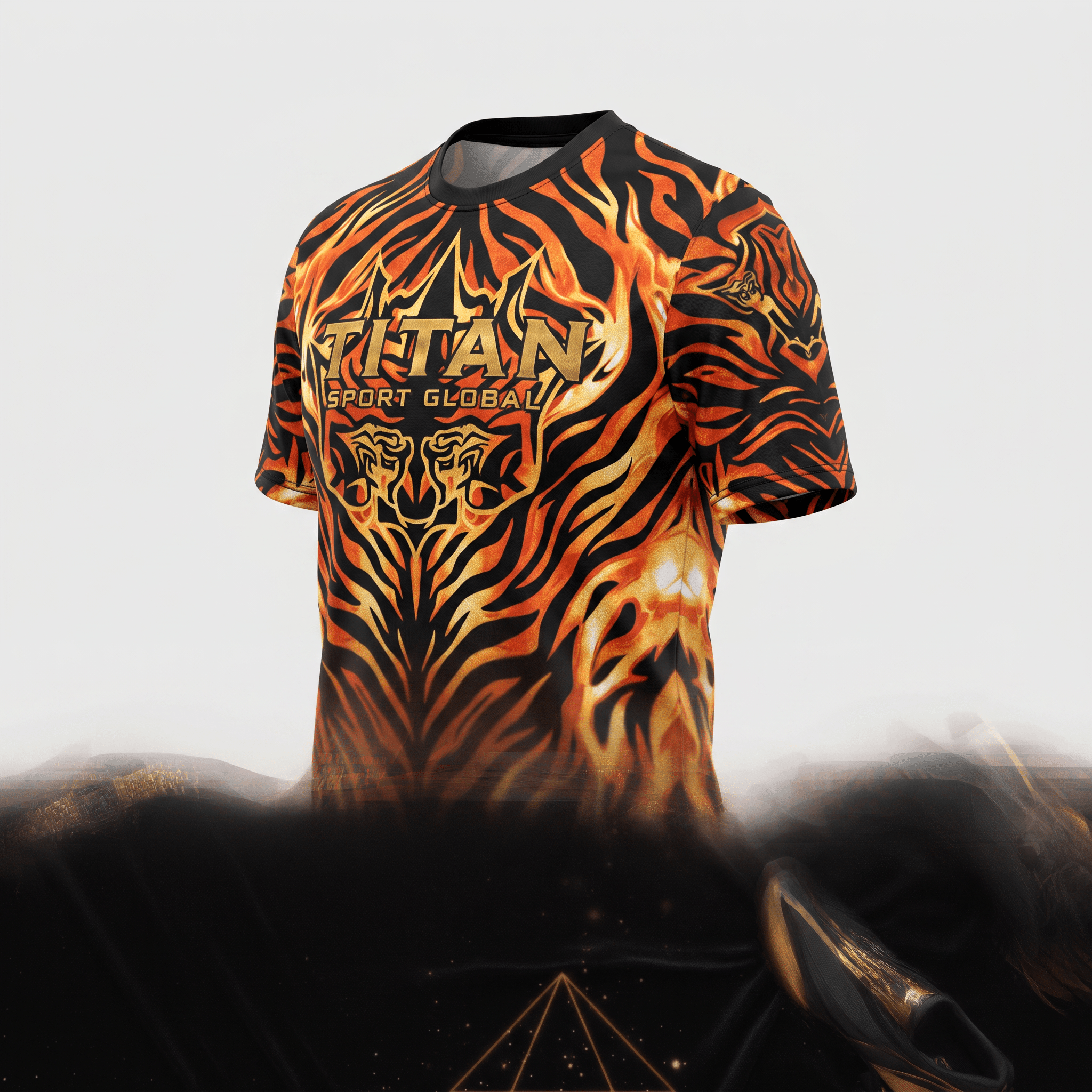 Titan Sport Global black and orange t-shirt with fierce tiger flame graphic print.