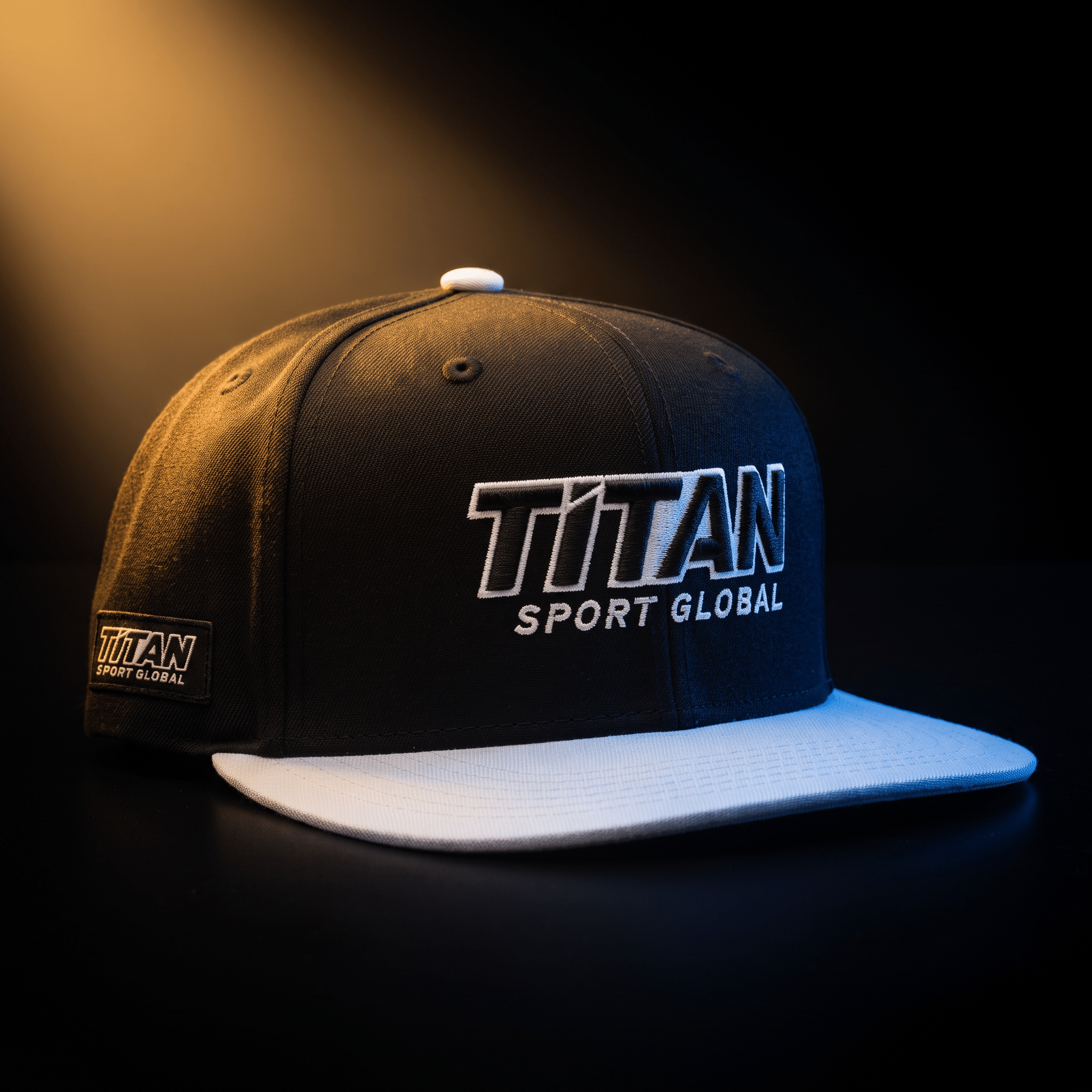 Black snapback cap with white brim, top button, and white embroidered "TITAN SPORT GLOBAL" logo on front and side.