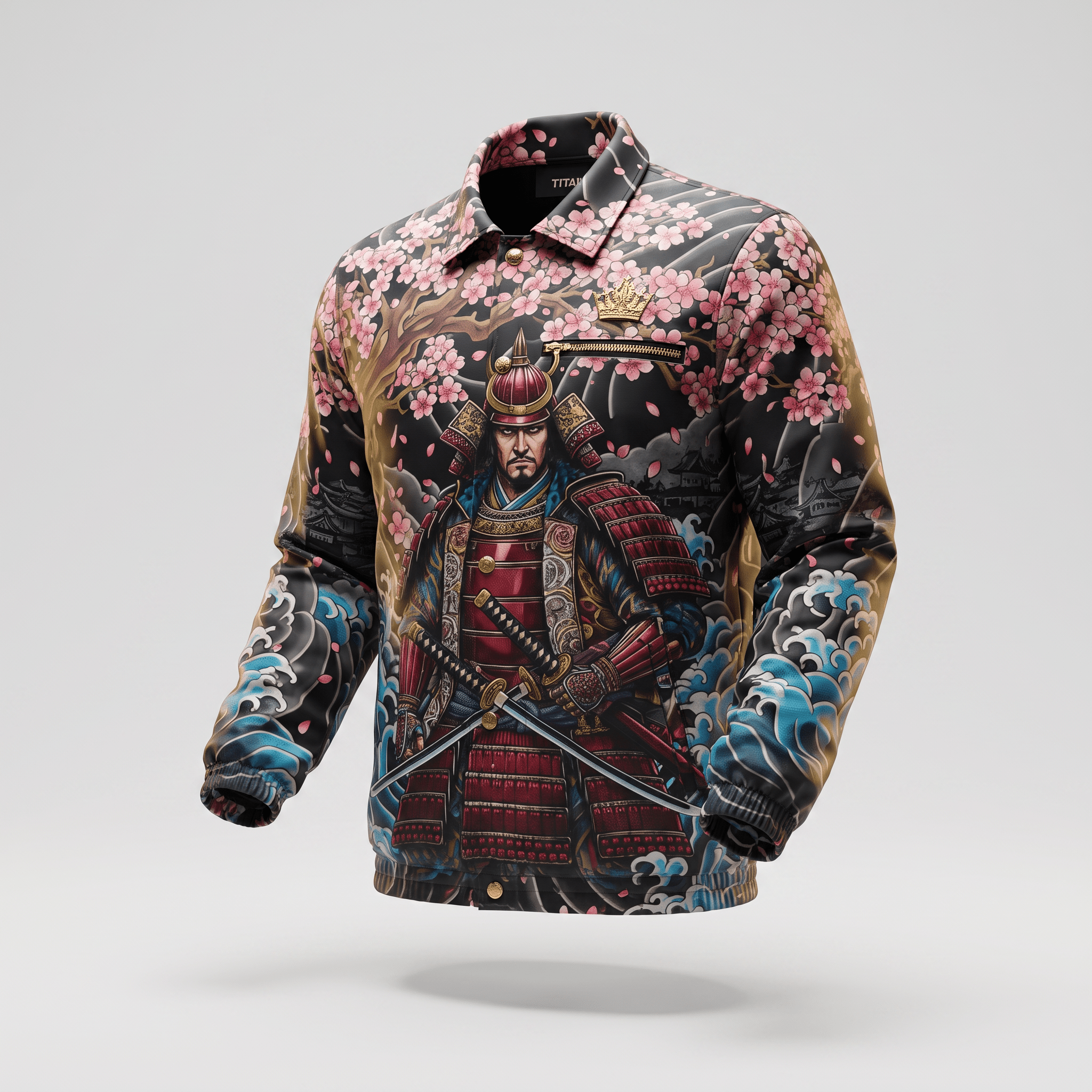 Black button-up jacket with a samurai, cherry blossoms, and blue wave graphic design.