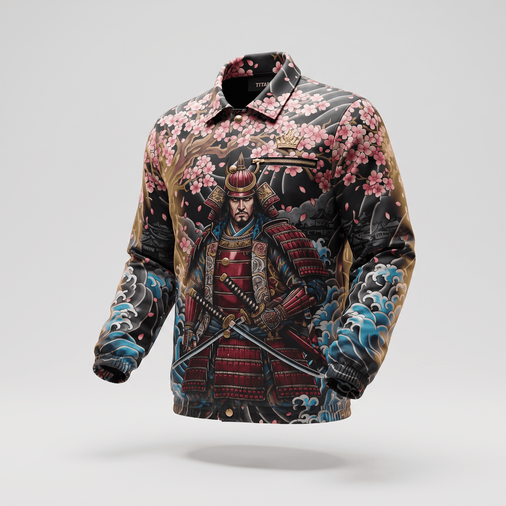 Black button-up jacket featuring a samurai warrior print, pink cherry blossoms, and blue ocean waves.