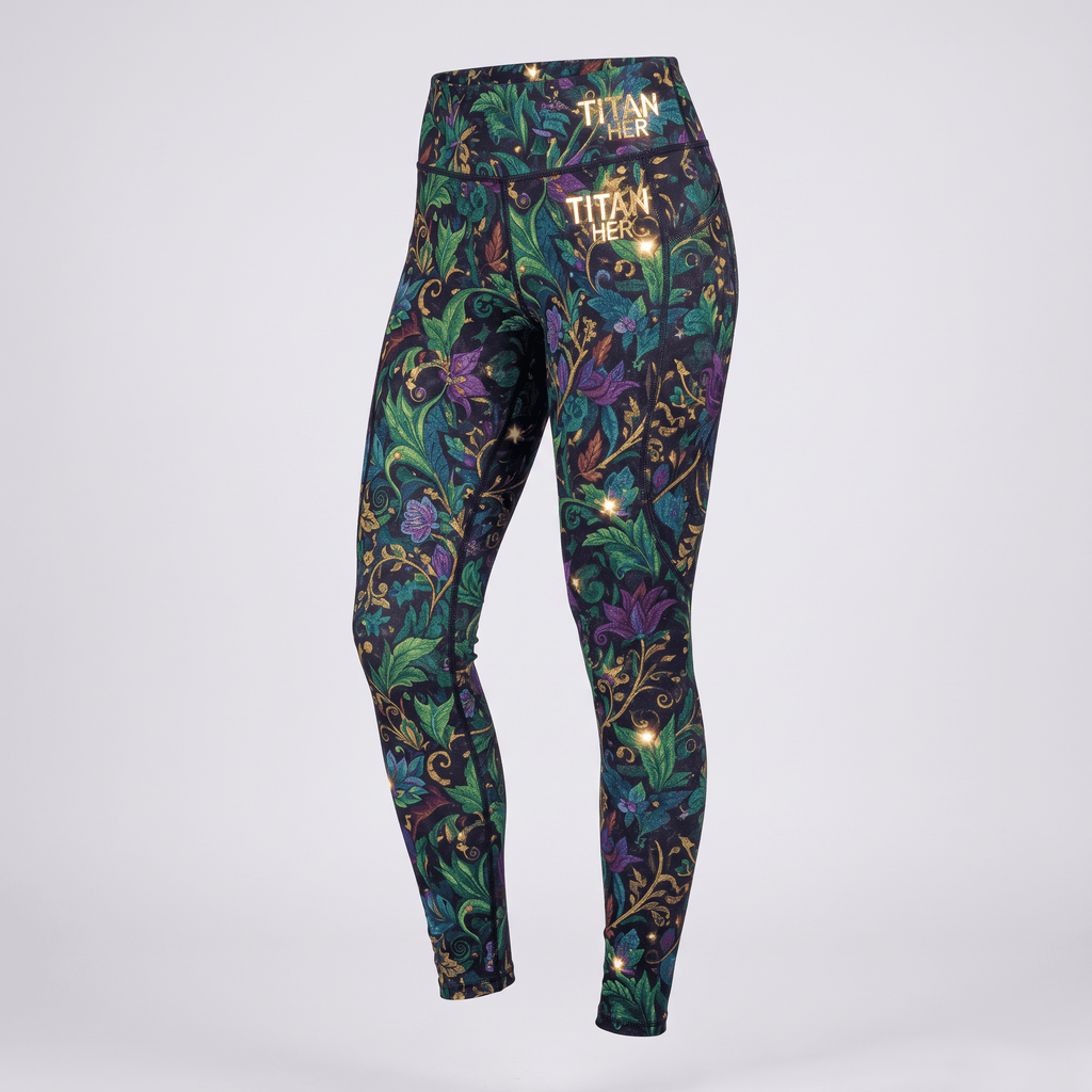 Titan Her high-waisted leggings with black, green, and purple floral pattern and gold logo print.