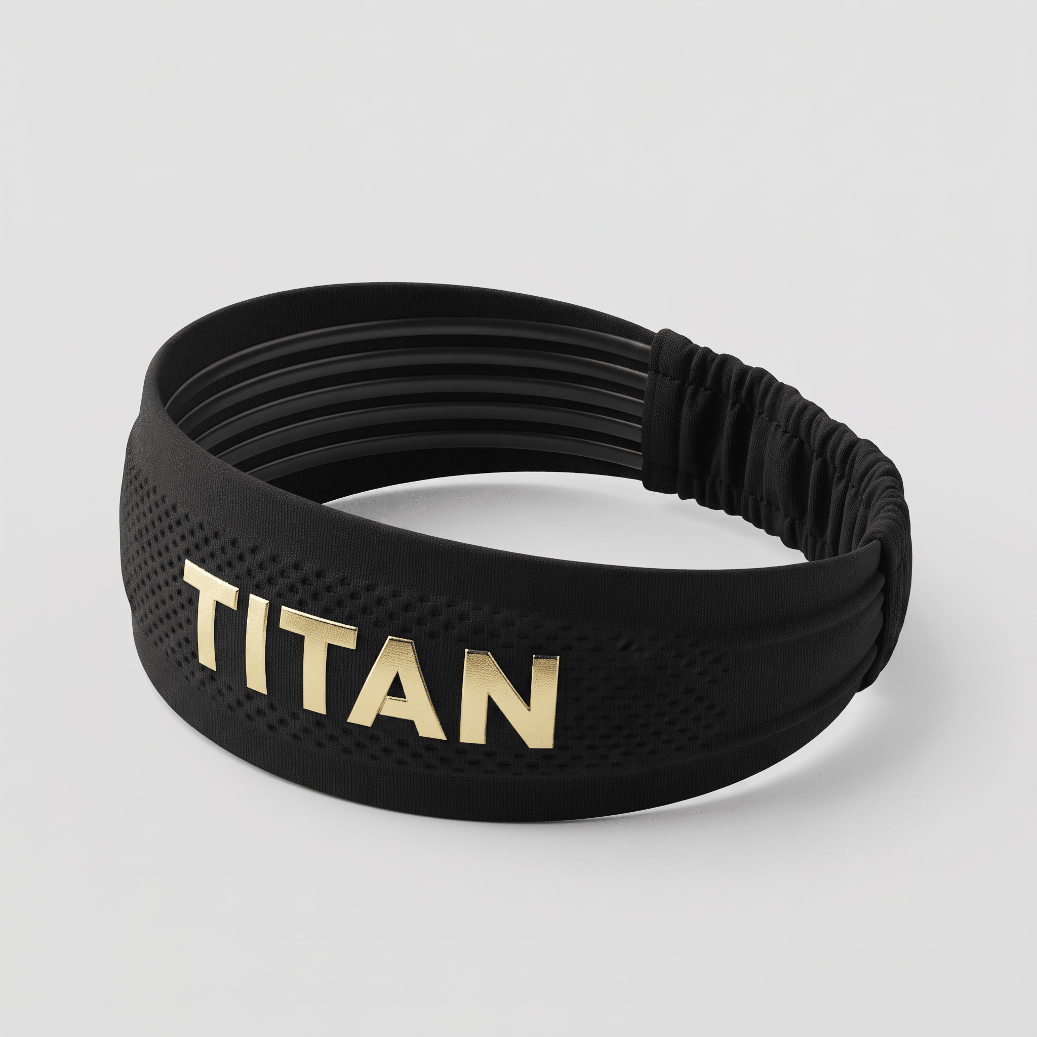 Black athletic headband featuring gold metallic Titan branding and an elastic back strap.