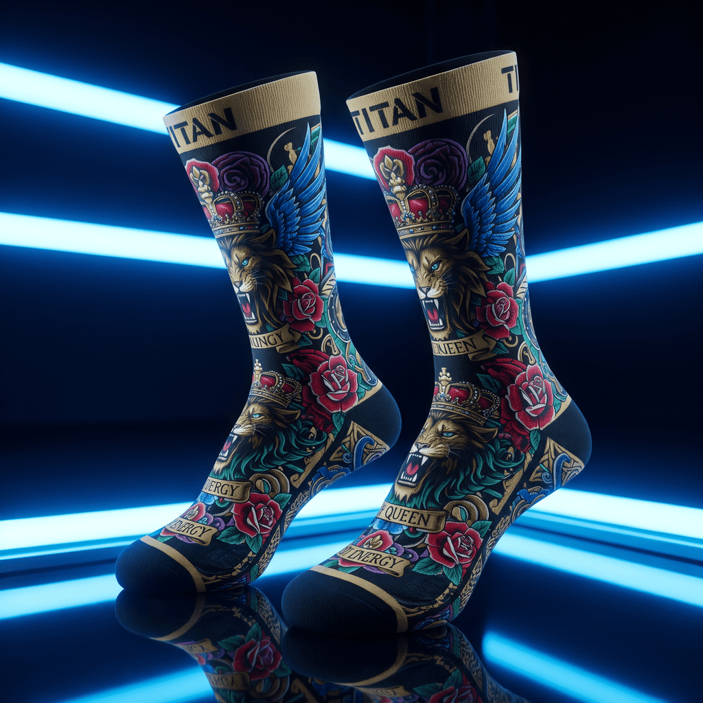 Black crew socks with gold "TITAN" cuffs, featuring colorful lion, crown, and rose graphic patterns.