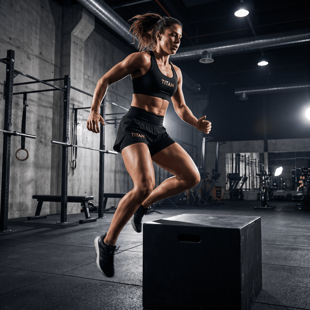 Female athlete in black shorts and sports bra jumping onto a plyo box in a gym.