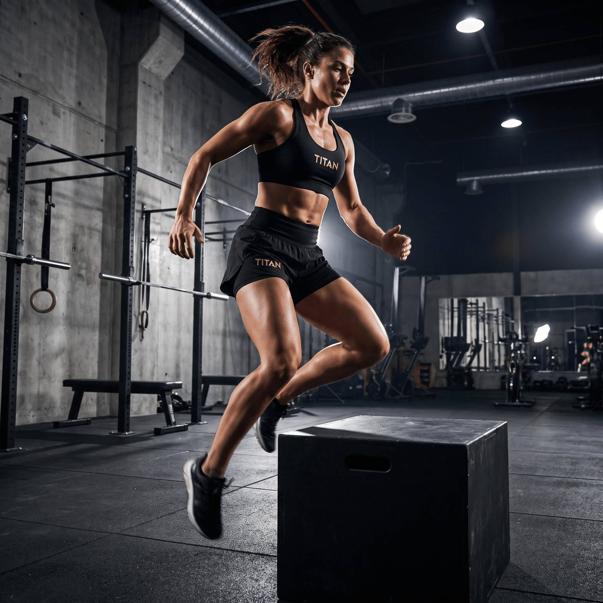 Female athlete in black shorts and sports bra jumping onto a plyo box in a gym.