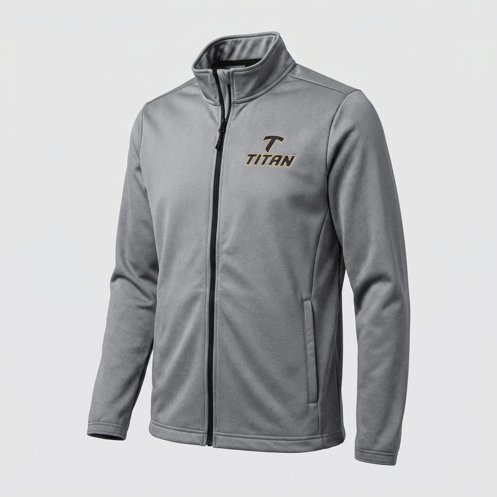 Gray full-zip mock neck jacket with black zipper and Titan logo on chest.