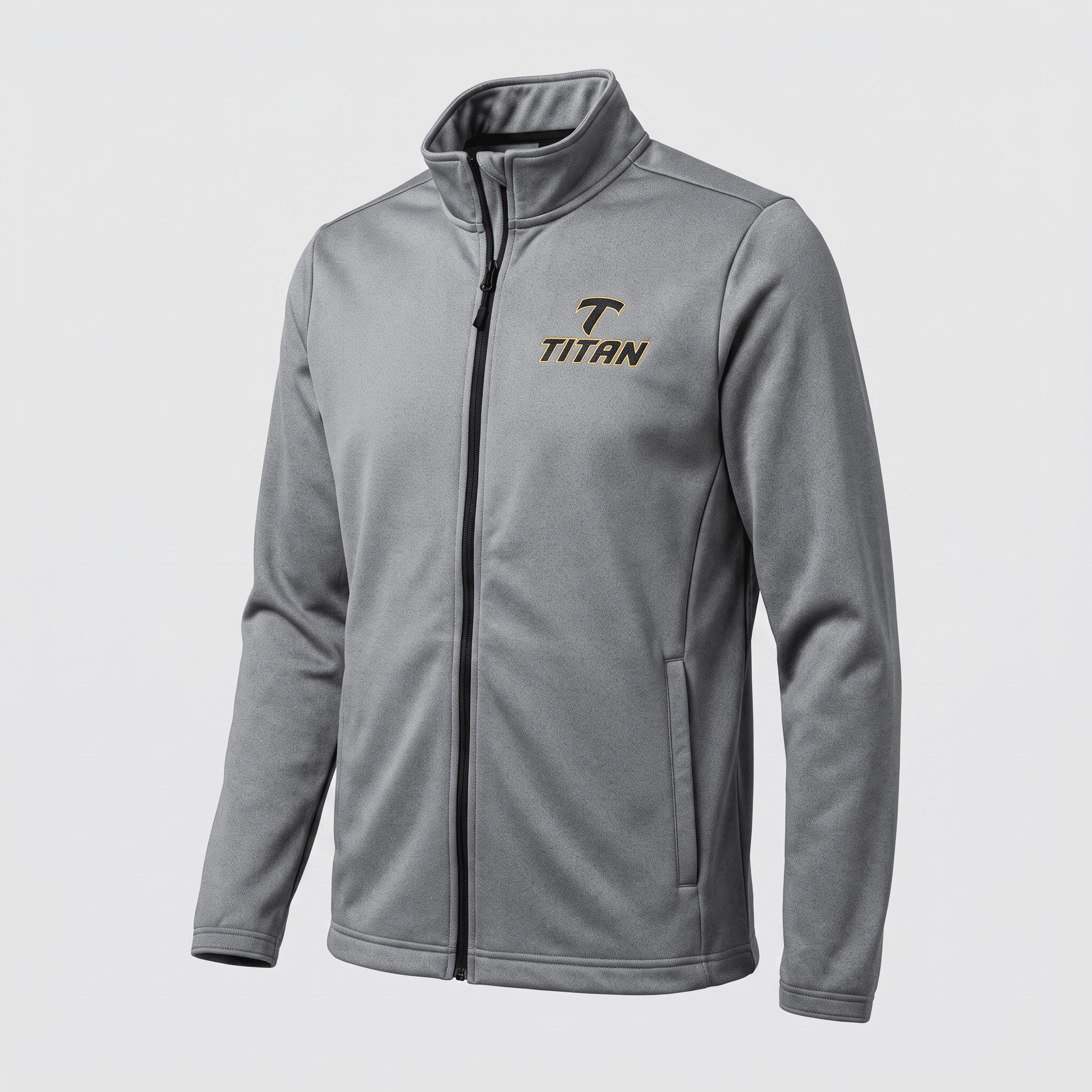 Gray full-zip mock neck jacket with black zipper and Titan logo on the chest.