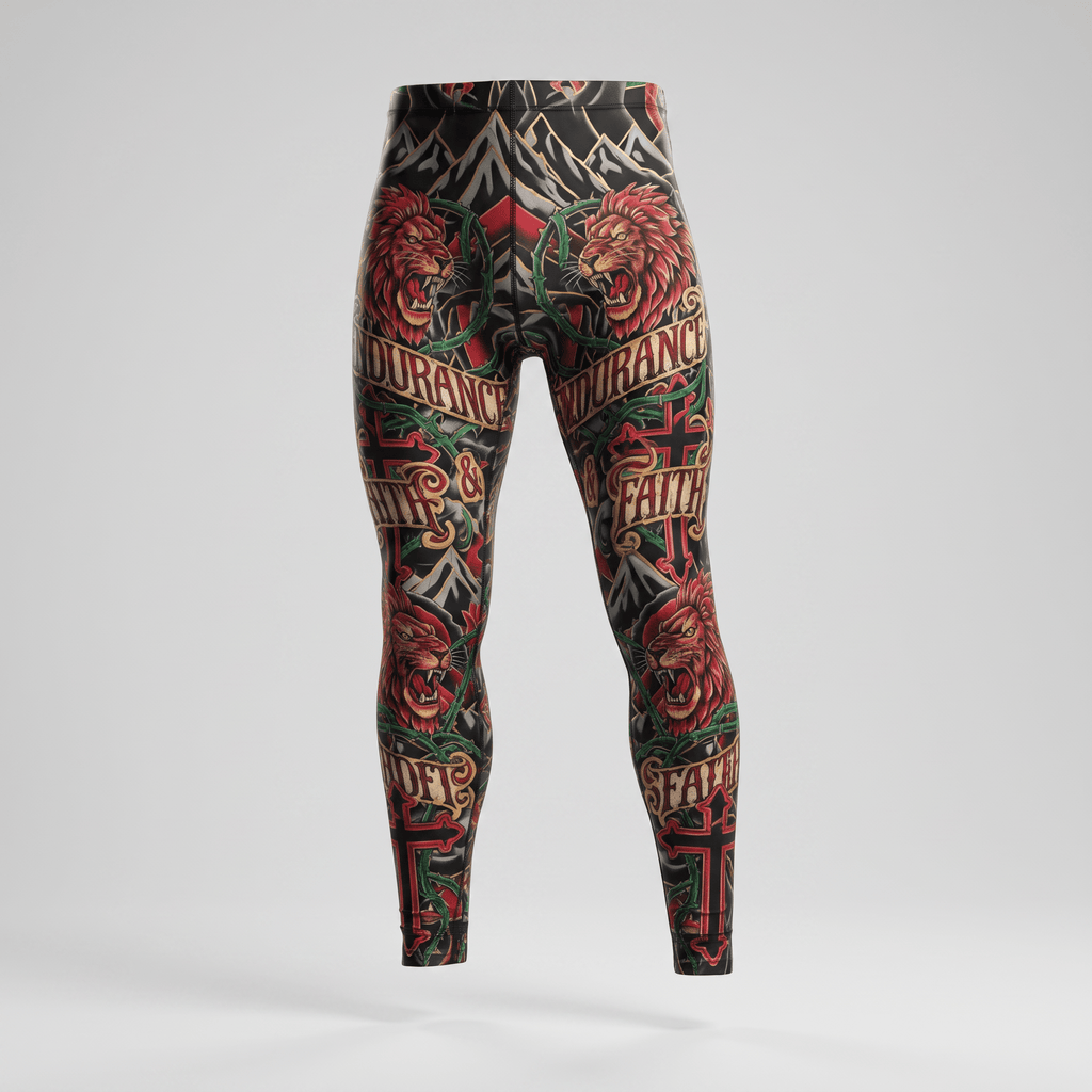 Black athletic leggings featuring a colorful tattoo style print with lions crosses and mountain peaks