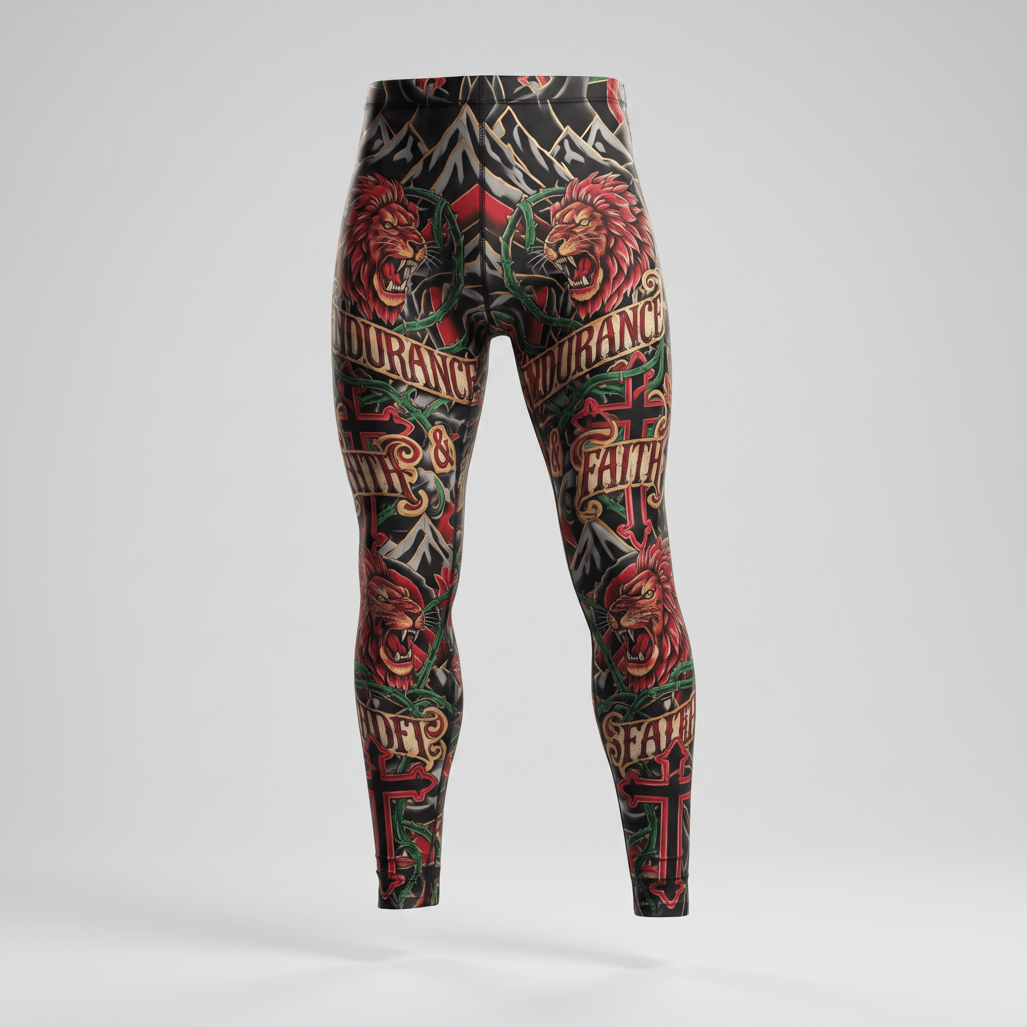 Black leggings featuring a tattoo-style print with red lions, mountains, crosses, and endurance and faith text.