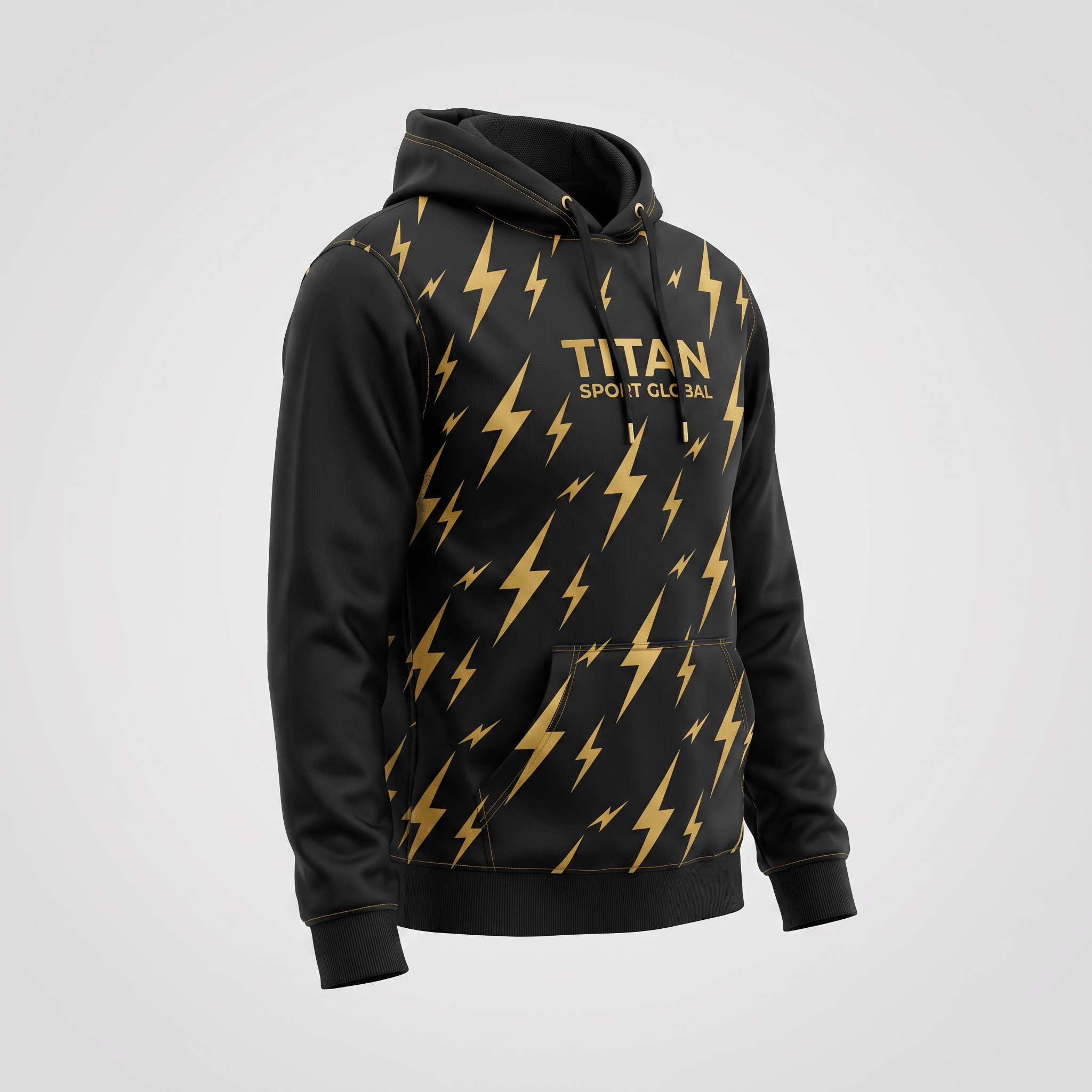 Black hoodie with gold lightning bolt pattern and Titan Sport Global logo on the chest.