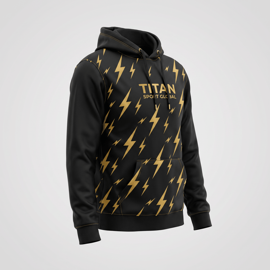 Black hoodie with gold lightning bolt pattern and Titan Sport Global logo on the chest.