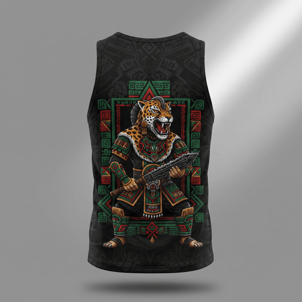 Black tank top featuring an Aztec jaguar warrior graphic on the back with red and green details.
