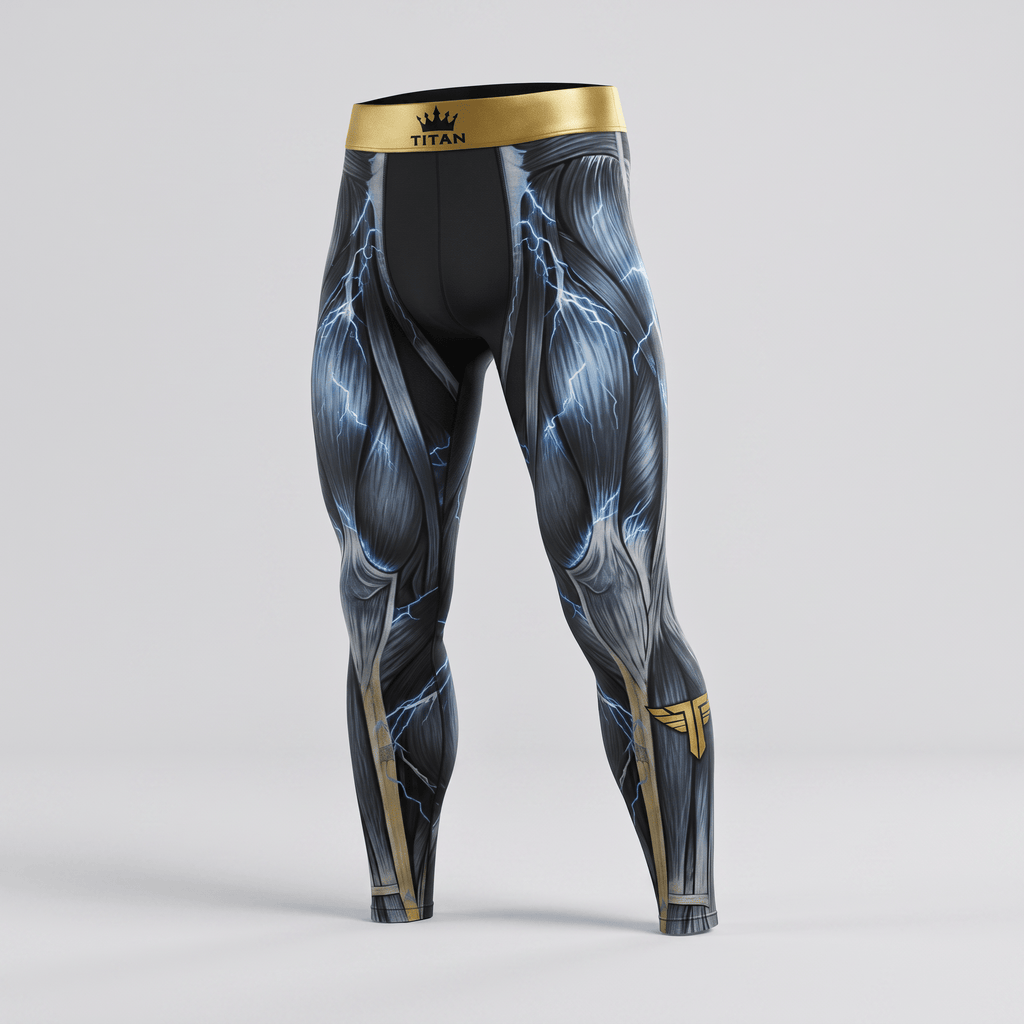 Titan compression leggings featuring grey muscle anatomy print, blue lightning, and gold waistband.
