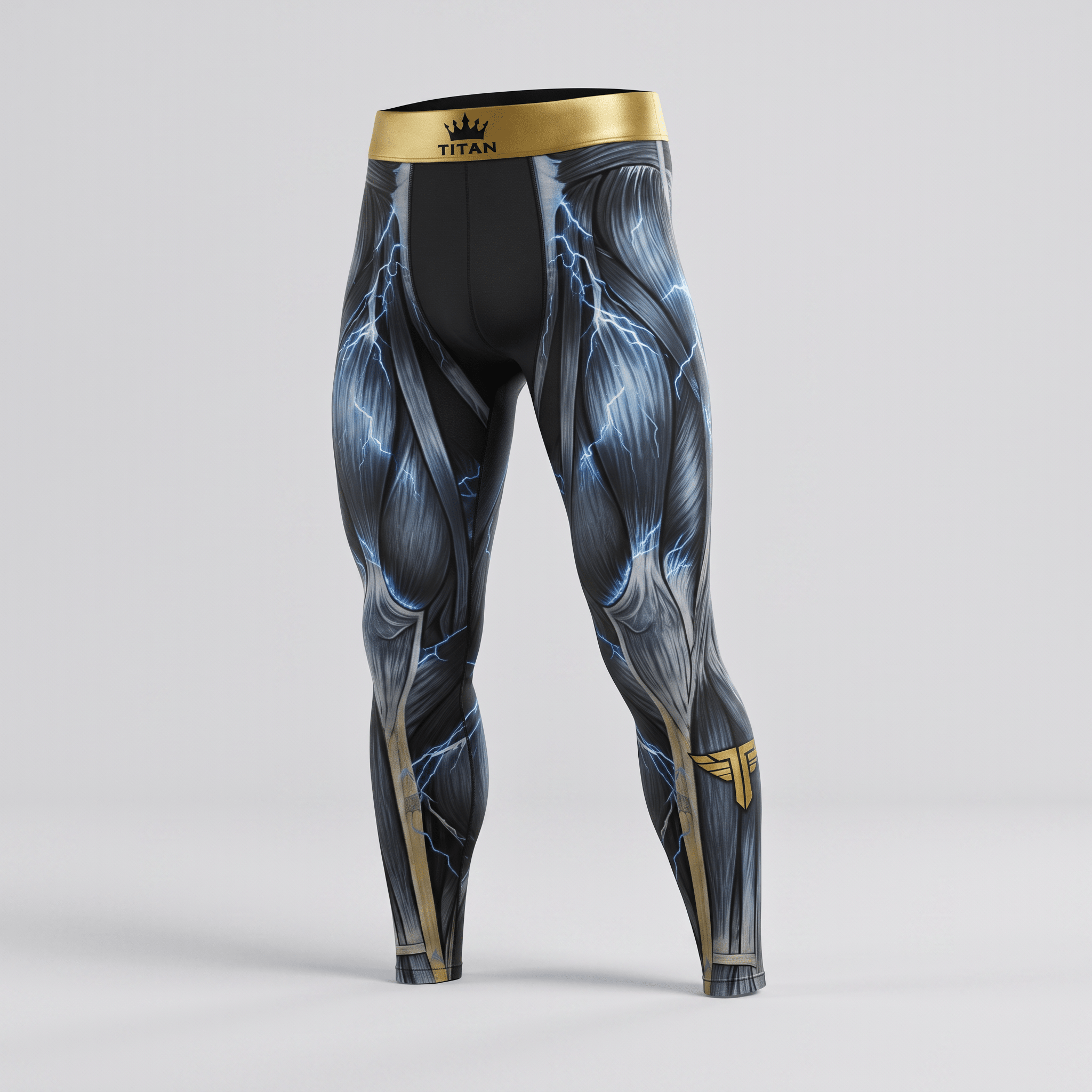 Titan compression leggings featuring grey muscle anatomy print, blue lightning, and gold waistband.