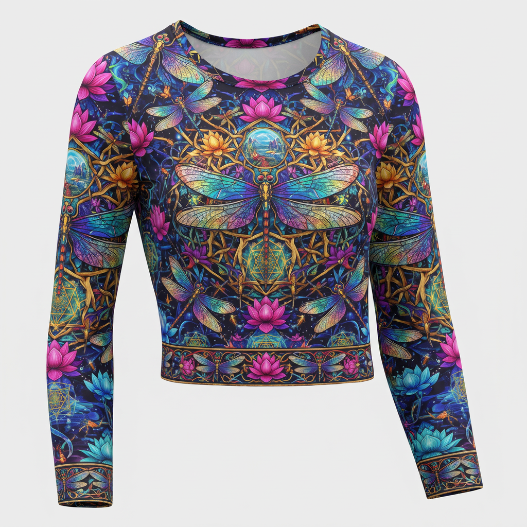 Colorful long sleeve crop top featuring a vibrant dragonfly, lotus flower, and sacred geometry print.