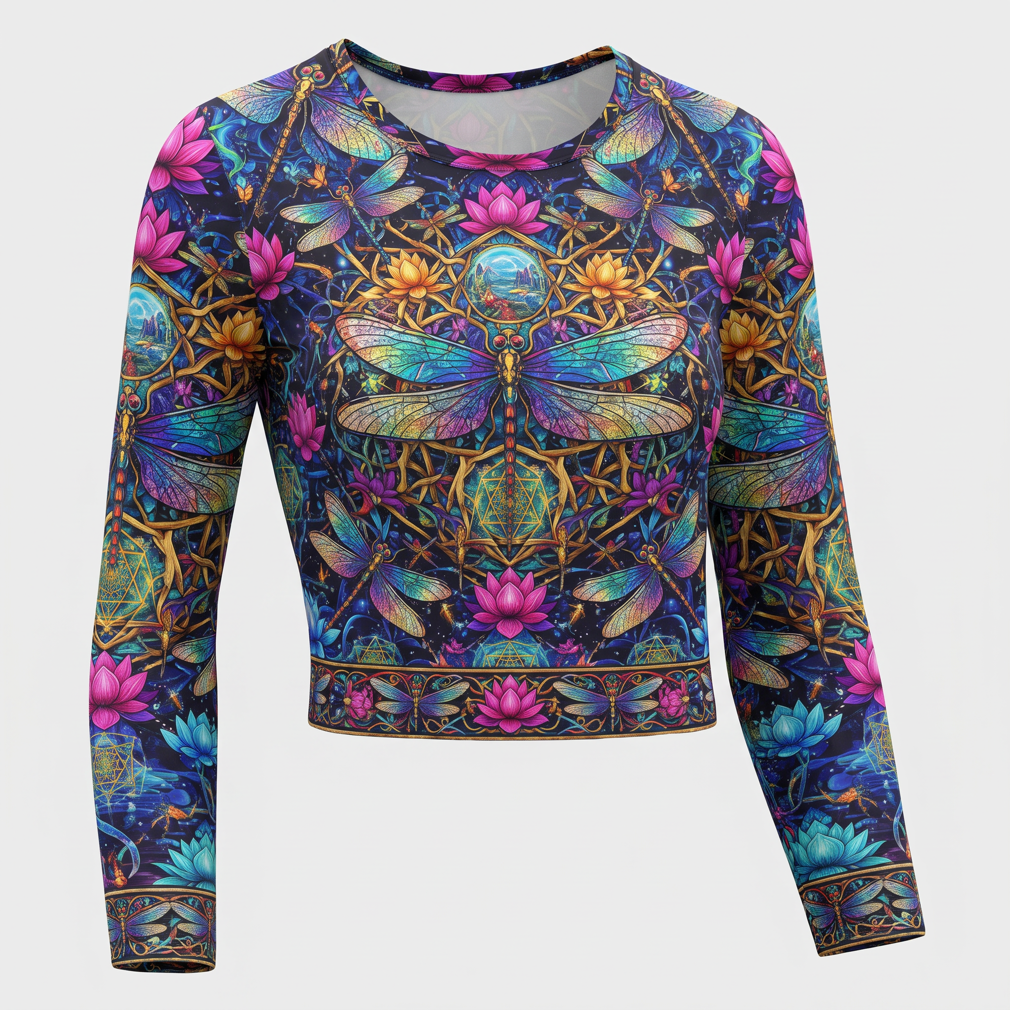 Colorful long sleeve crop top featuring a vibrant dragonfly, lotus flower, and sacred geometry print.