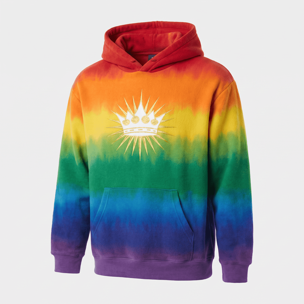Rainbow tie-dye hoodie with a white and gold crown graphic on the front, featuring a pouch pocket and drawstring hood.