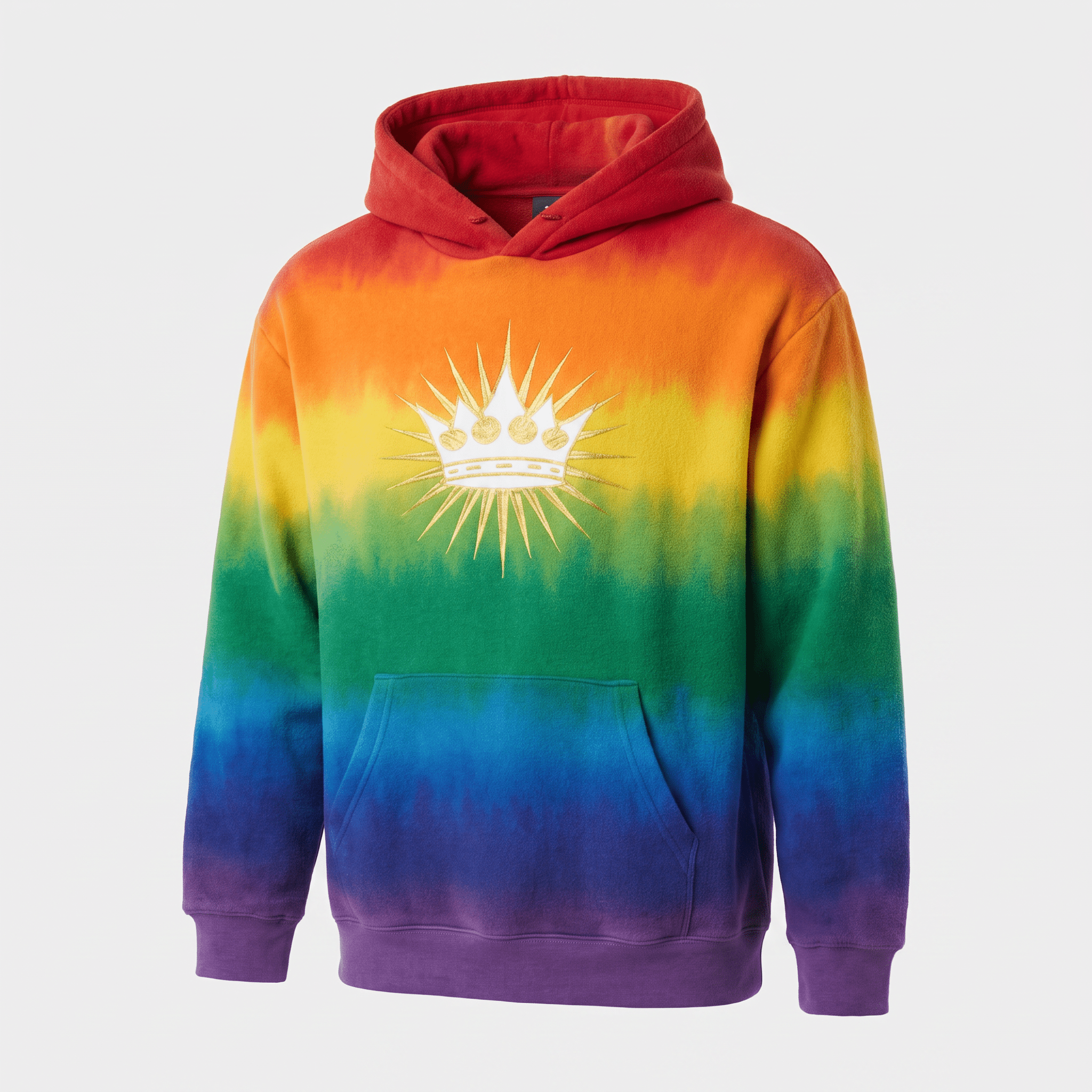 Rainbow tie-dye hoodie with a white and gold crown graphic on the front, featuring a pouch pocket and drawstring hood.