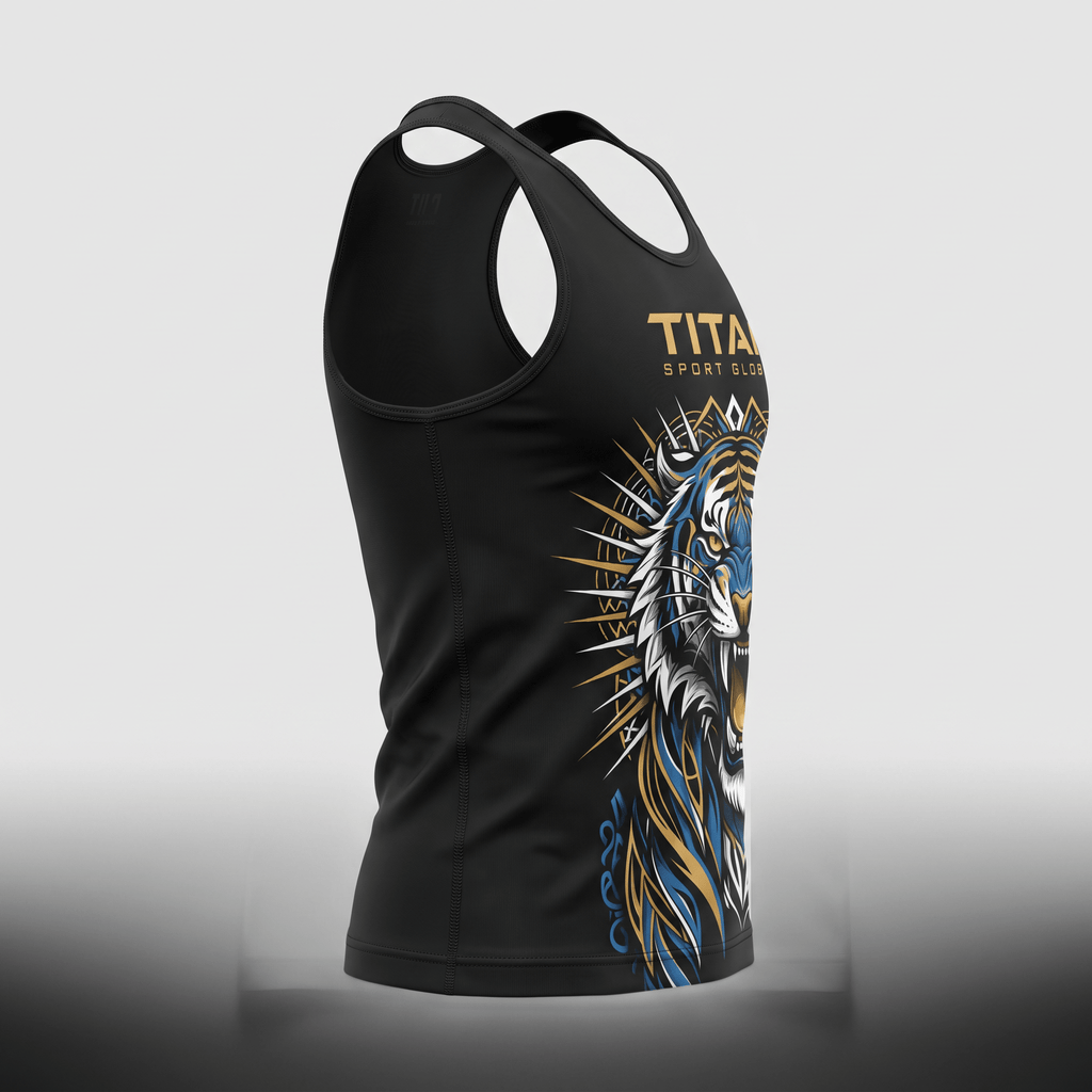 Black athletic tank top featuring a roaring blue and gold tiger graphic on the side.