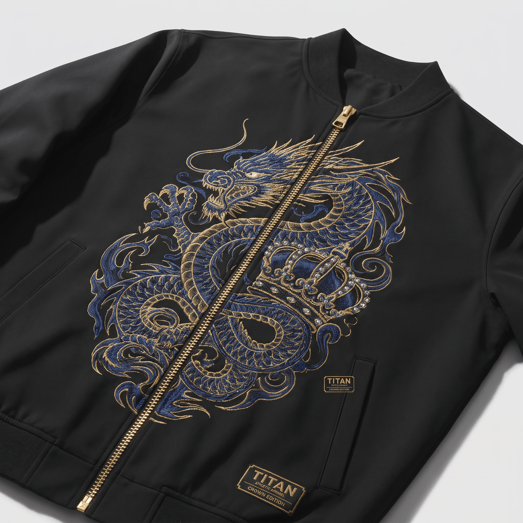 Black bomber jacket with gold zipper and intricate blue and gold embroidered dragon and crown design.