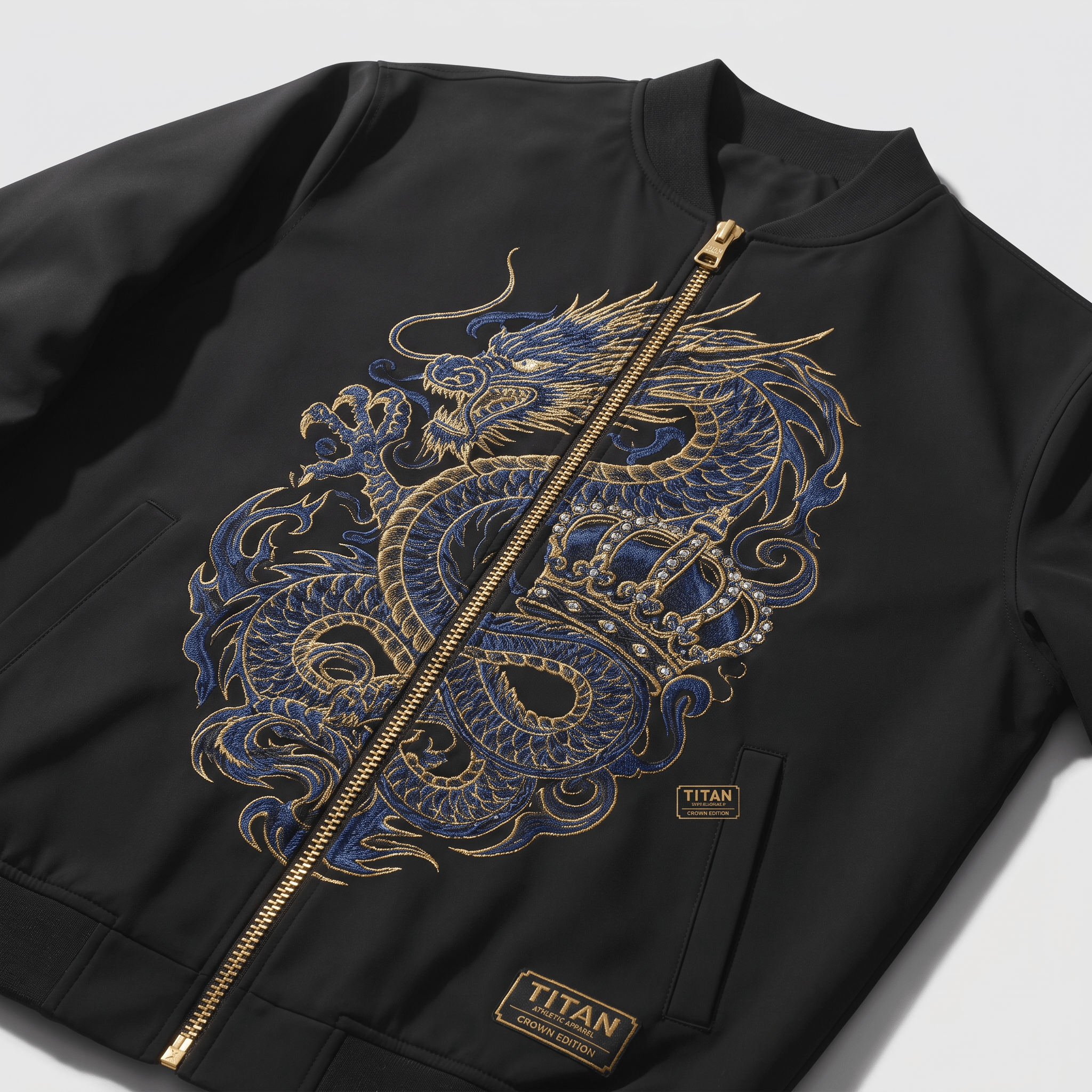 Black bomber jacket with gold zipper and intricate blue and gold embroidered dragon and crown design.