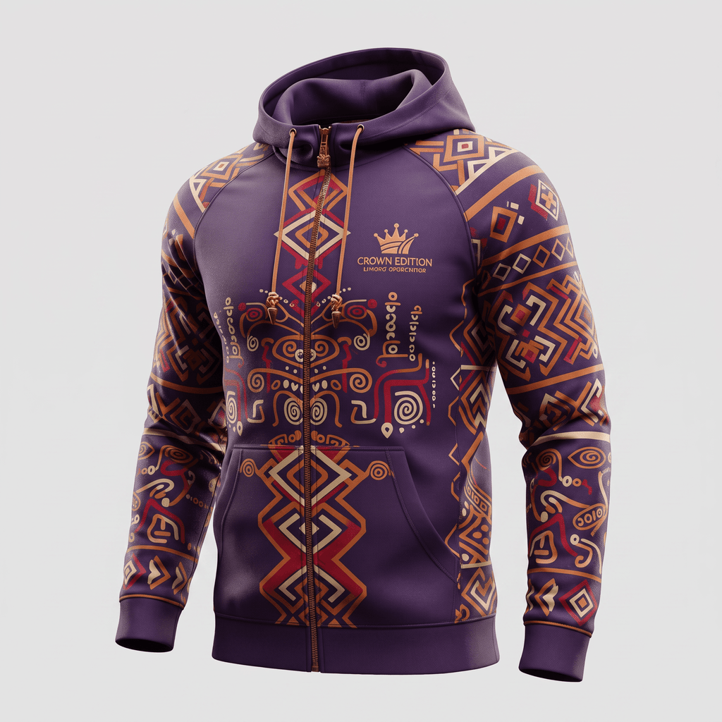 Purple zip-up hoodie featuring red and gold geometric patterns and the Crown Edition logo.