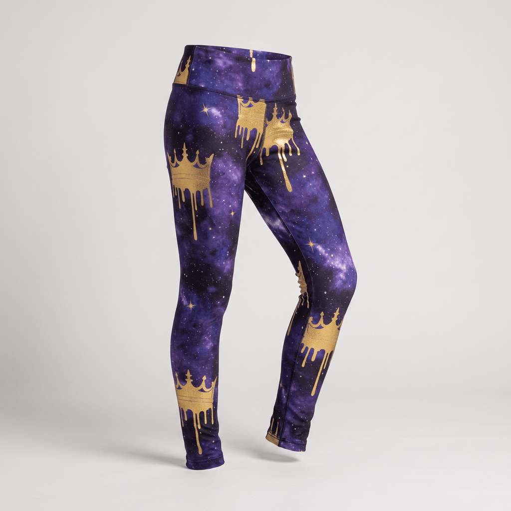 Purple galaxy print leggings featuring a gold melting crown pattern on a mannequin.