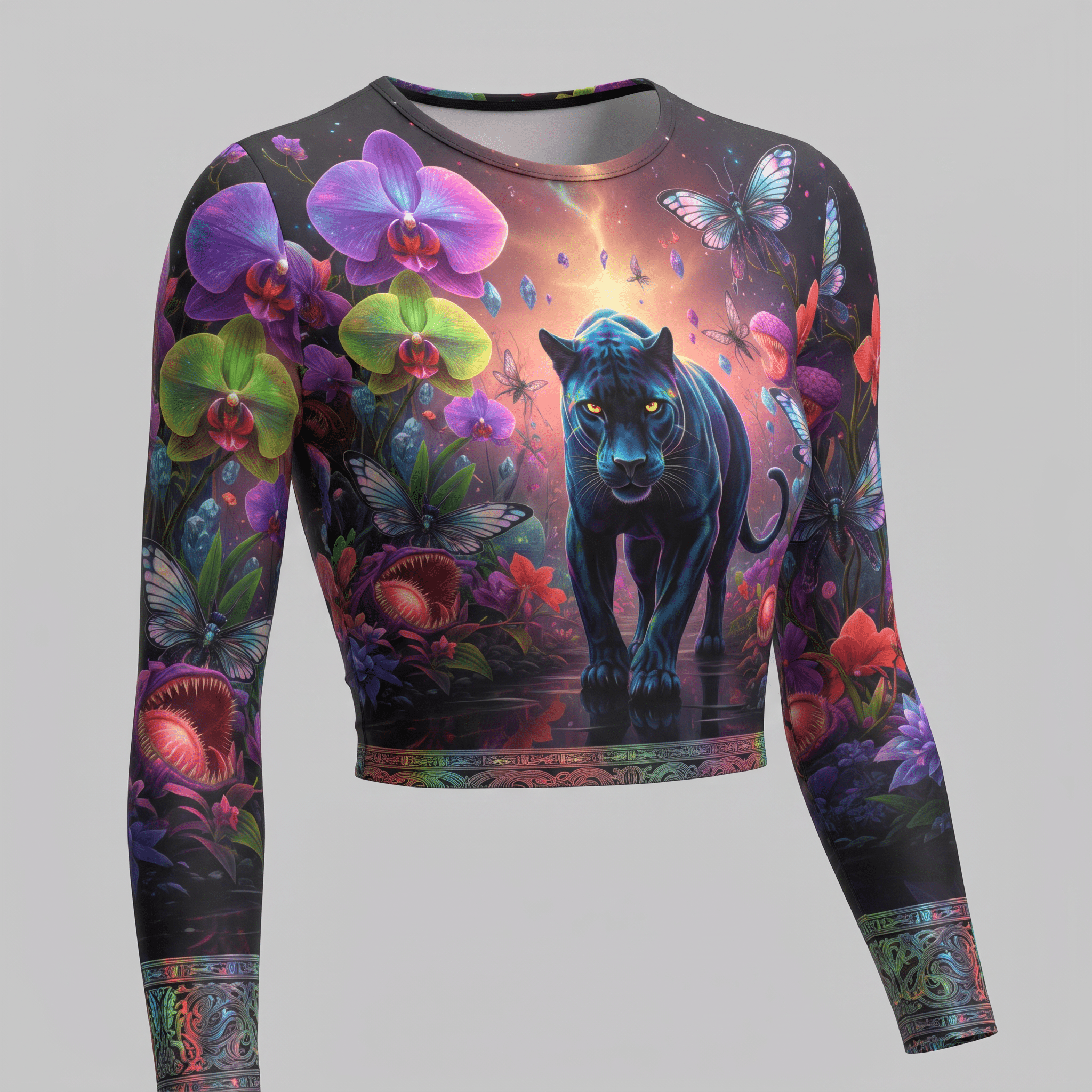 Black long-sleeve crop top with colorful fantasy panther, orchid, and butterfly print.