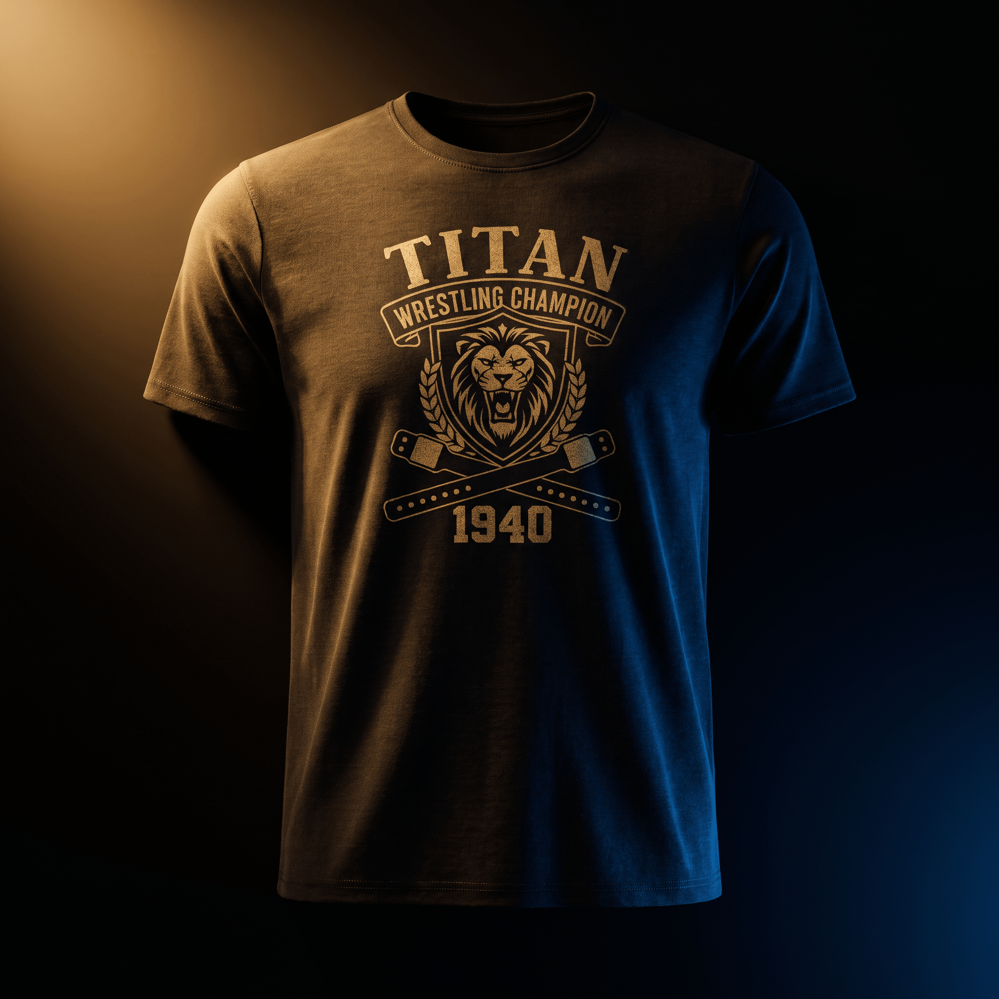 Charcoal gray t-shirt with gold graphic of a lion, "Titan Wrestling Champion" text, and the year 1940.