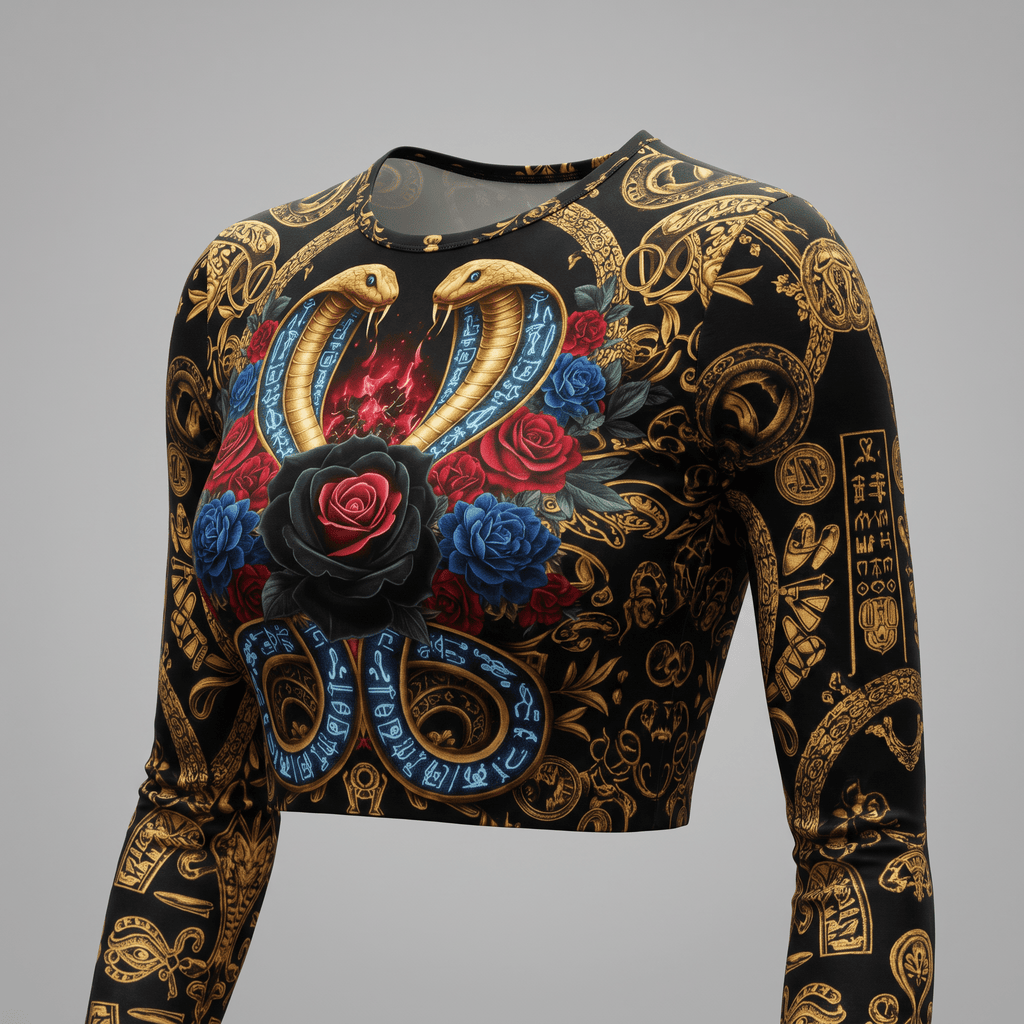 Black long-sleeve crop top with gold Egyptian motifs, blue snakes, and red and black roses.