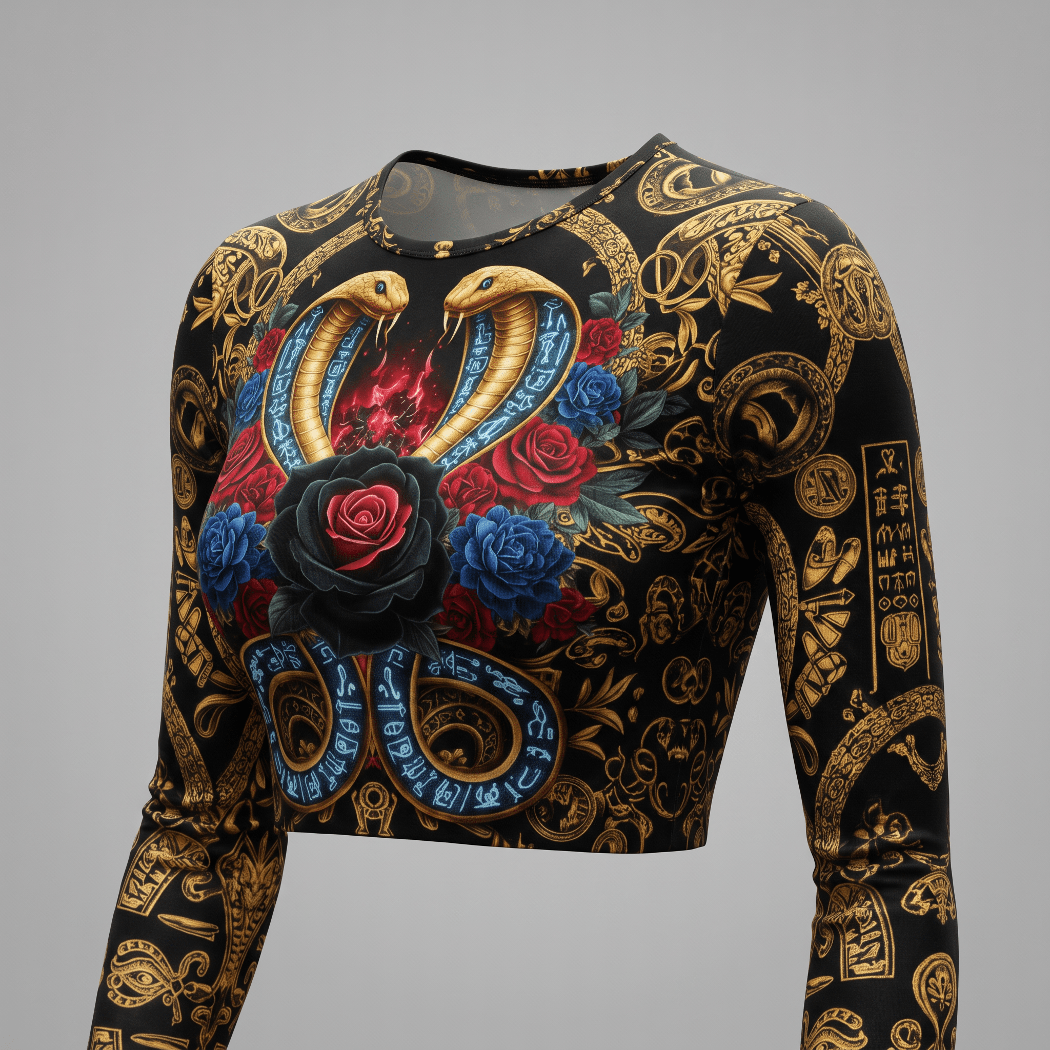 Black long-sleeve crop top with gold Egyptian motifs, blue snakes, and red and black roses.