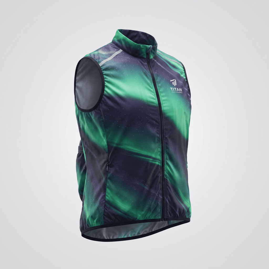 Titan Performance cycling vest in green and dark blue aurora borealis print with full zipper.