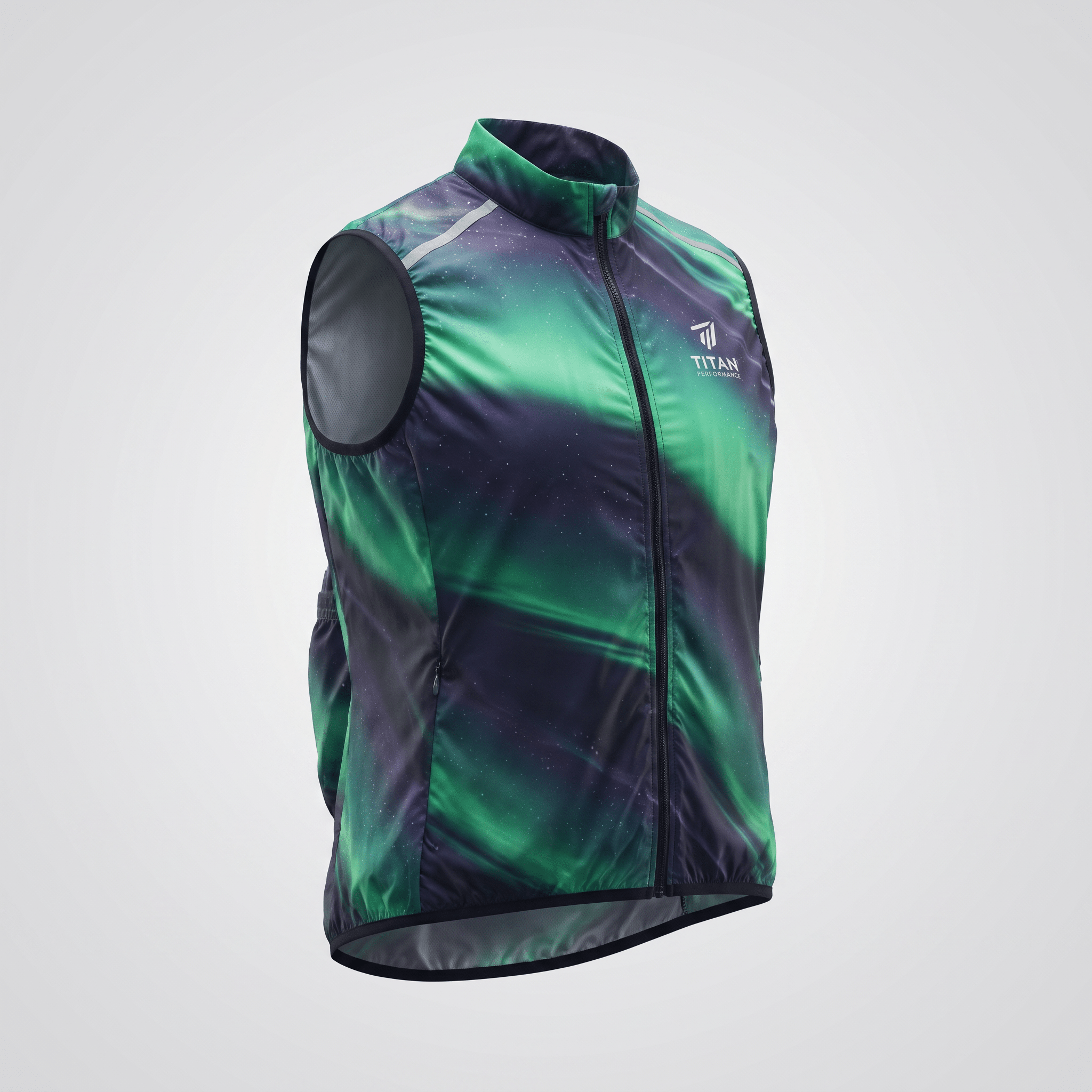 Titan Performance cycling vest in green and dark blue aurora borealis print with a full zip.