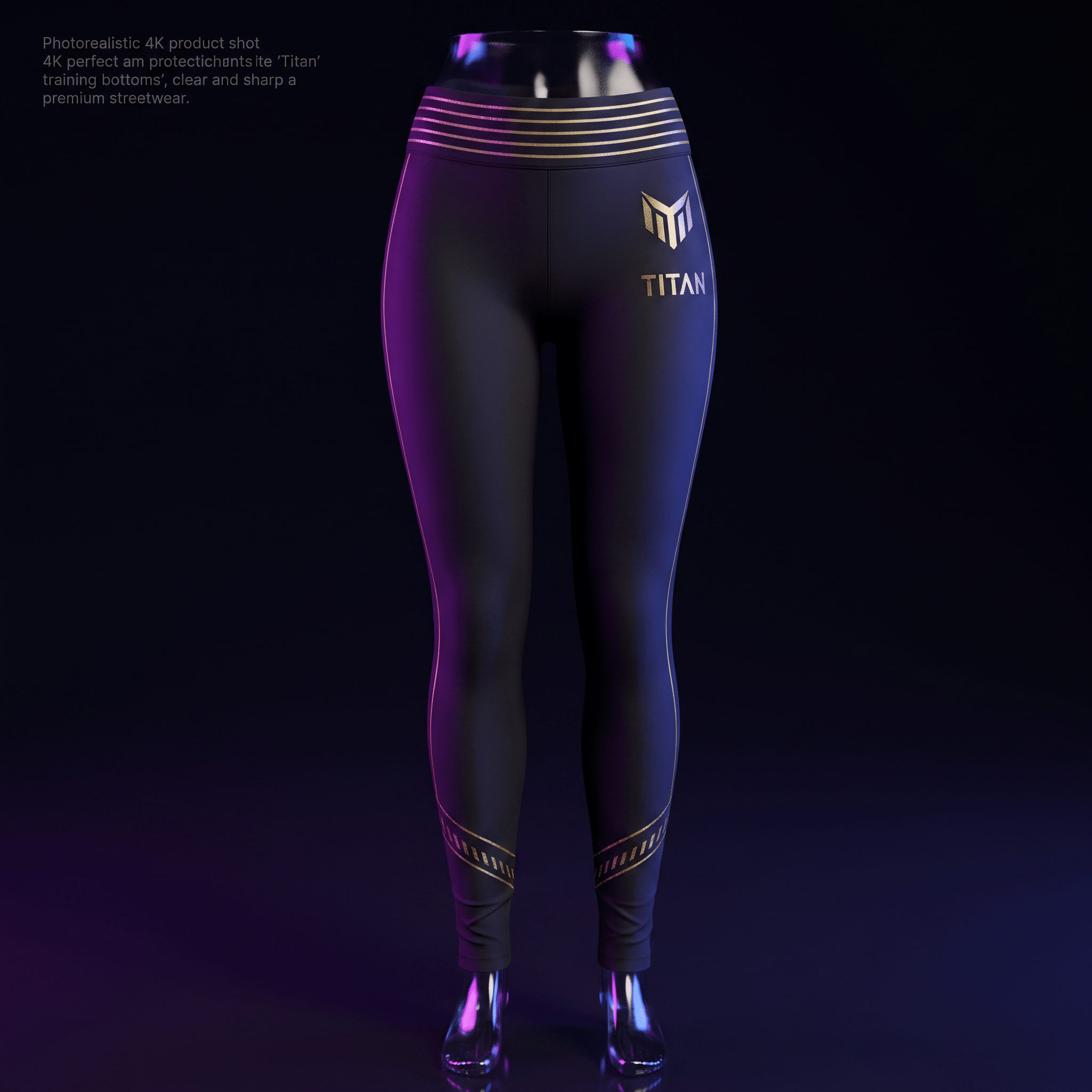 Black Titan athletic leggings with gold-toned logo, striped waistband, and accent lines on a mannequin.