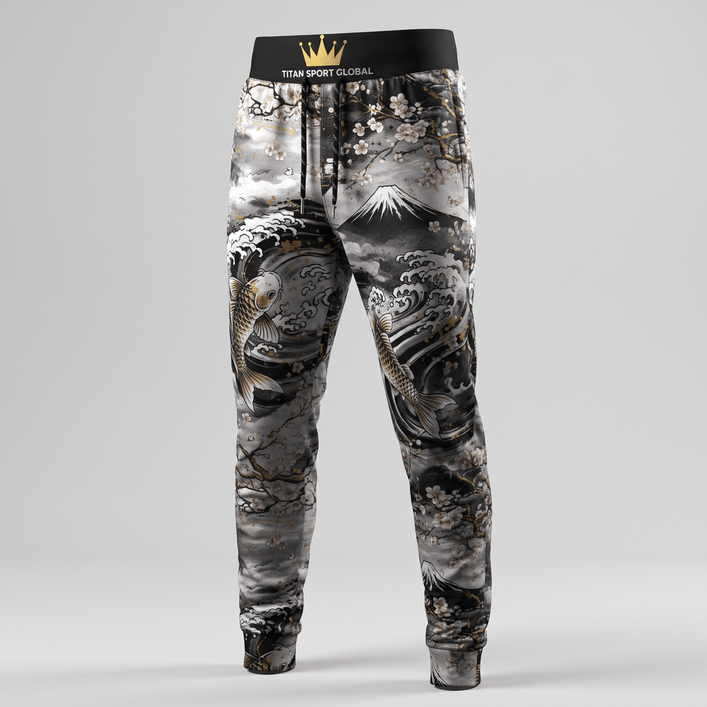 Black and white sweatpants featuring a Japanese art print with Mount Fuji, koi fish, and cherry blossoms.