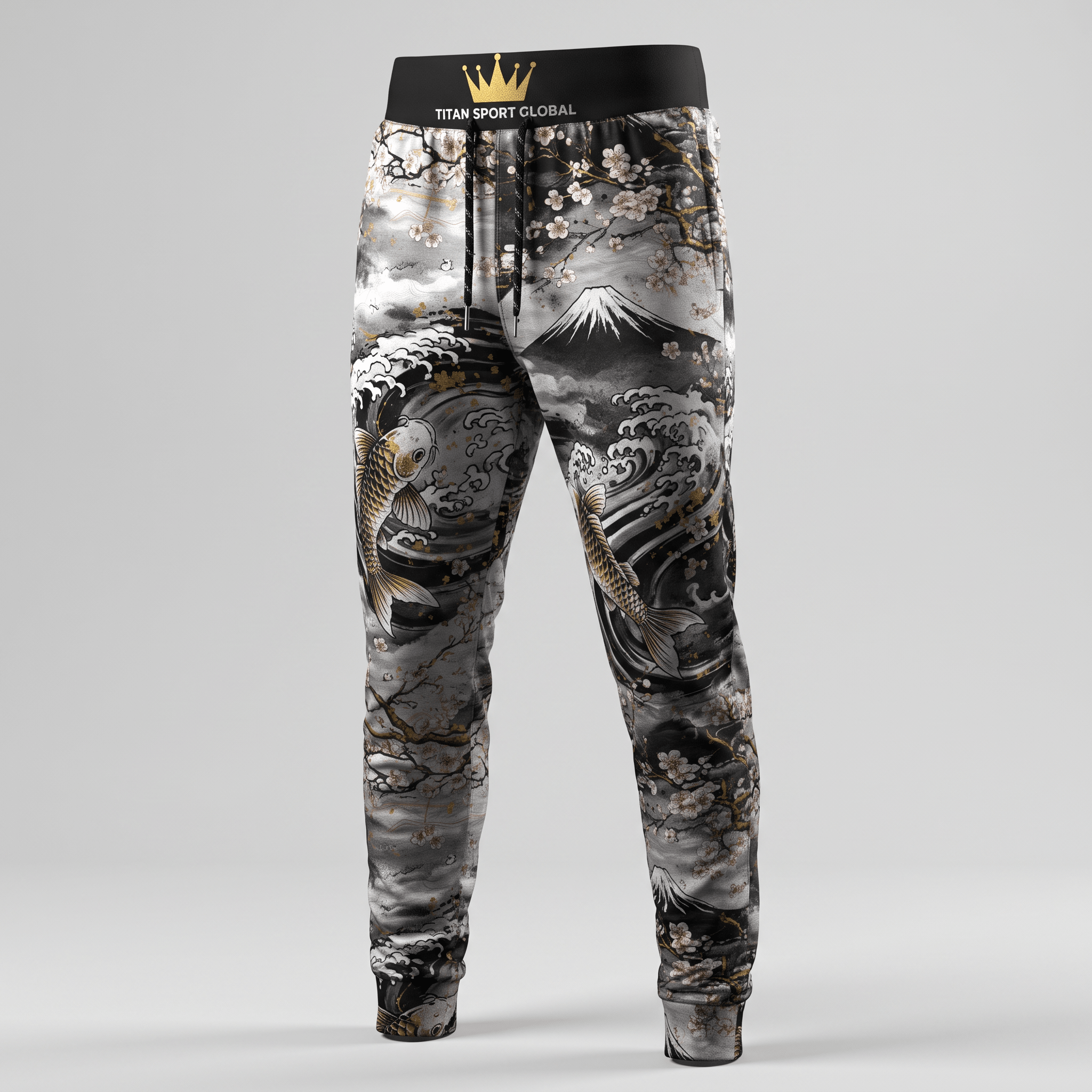 Black and white sweatpants featuring a Japanese art print with Mount Fuji, koi fish, and cherry blossoms.