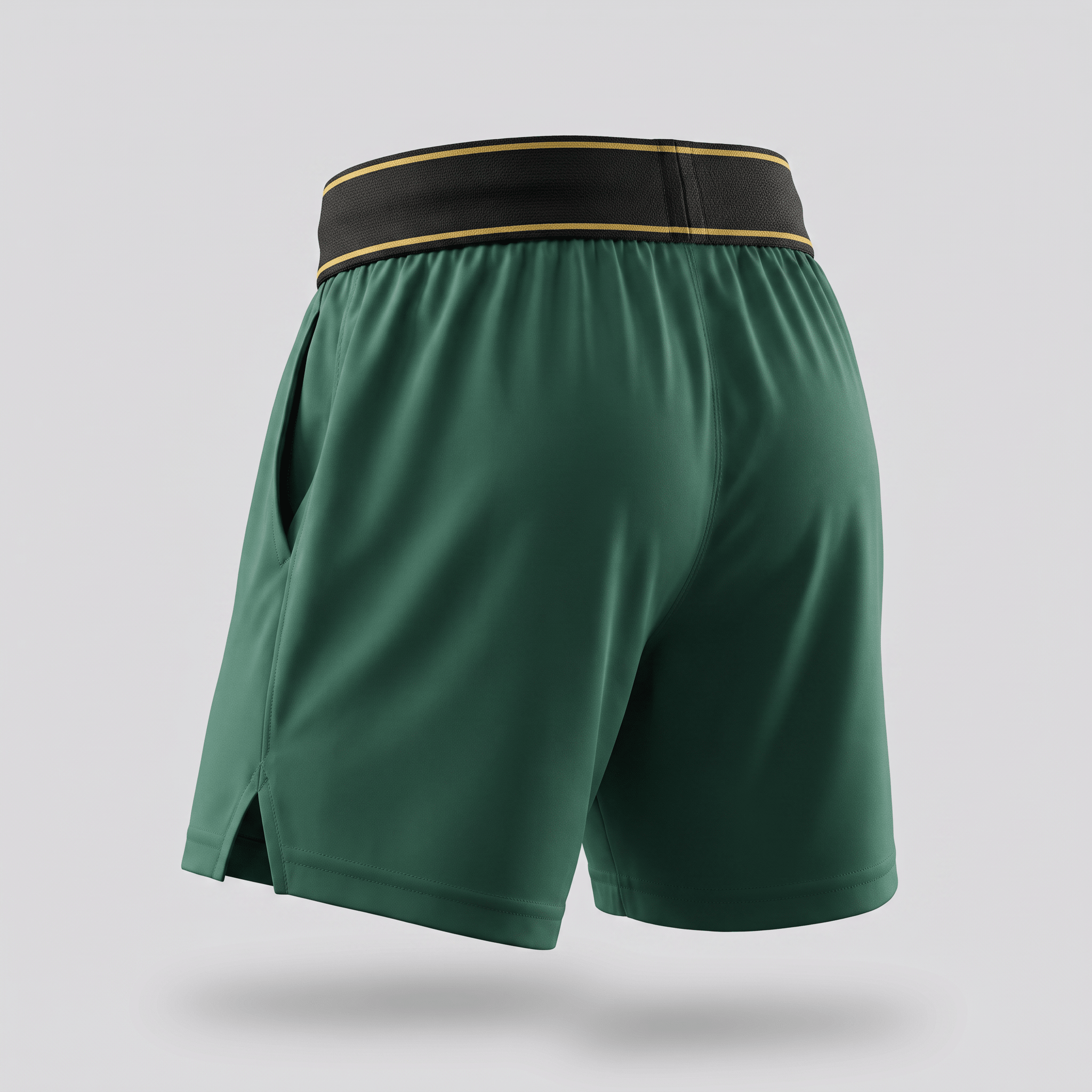 Green athletic shorts with a black and gold striped elastic waistband, viewed from the back.